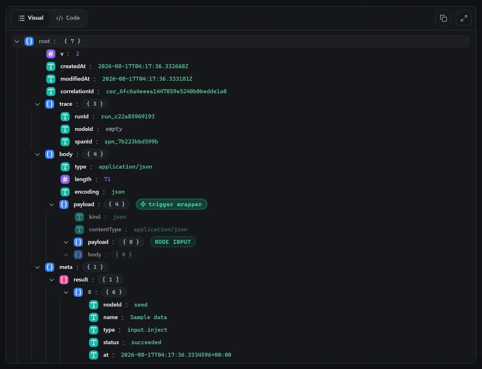 The Stop and Error node's input envelope in the run data viewer