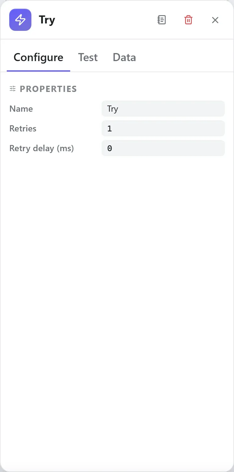 The Try node's settings in the Studio builder