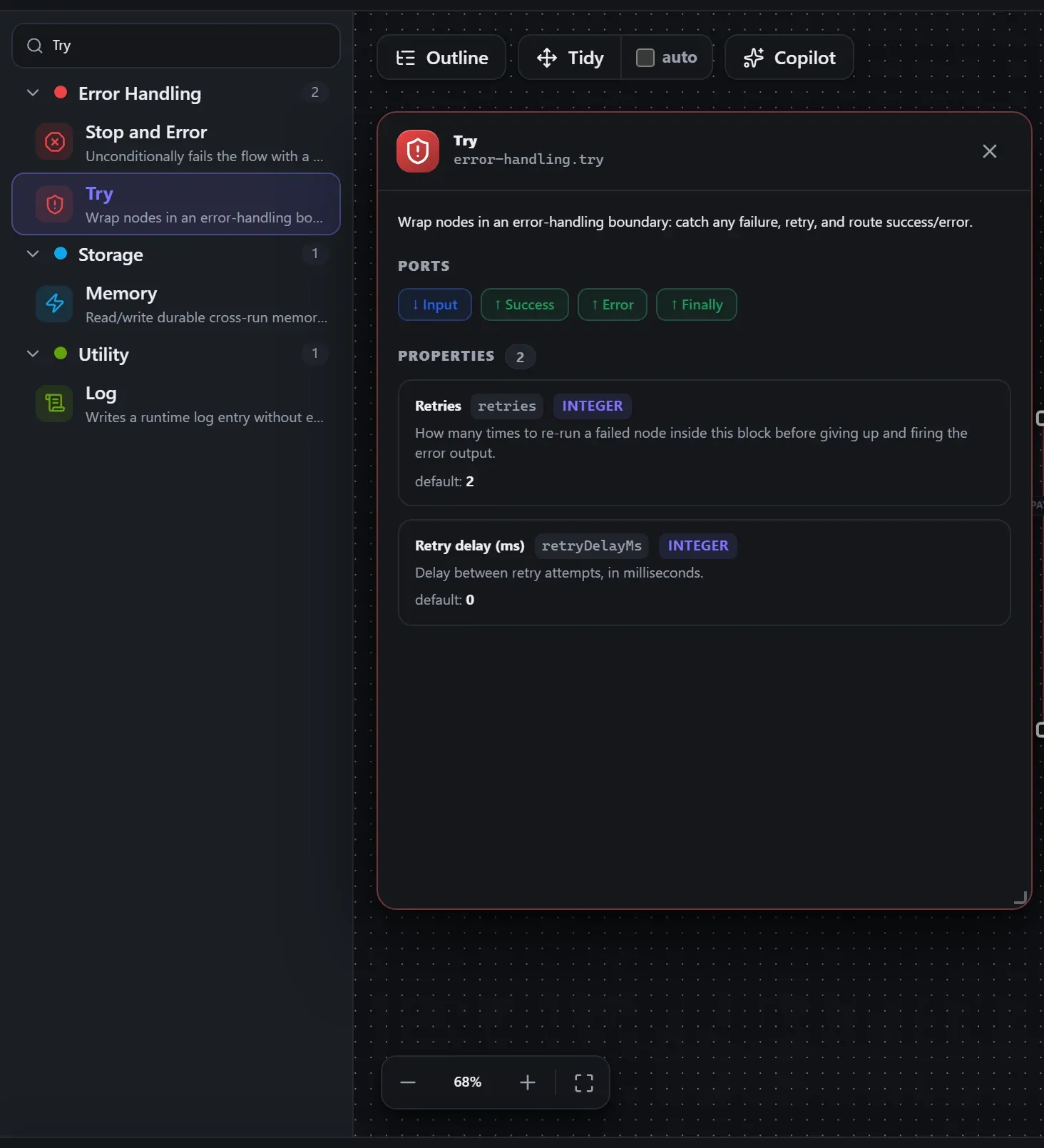 Try in the node library, with the in-editor docs panel open