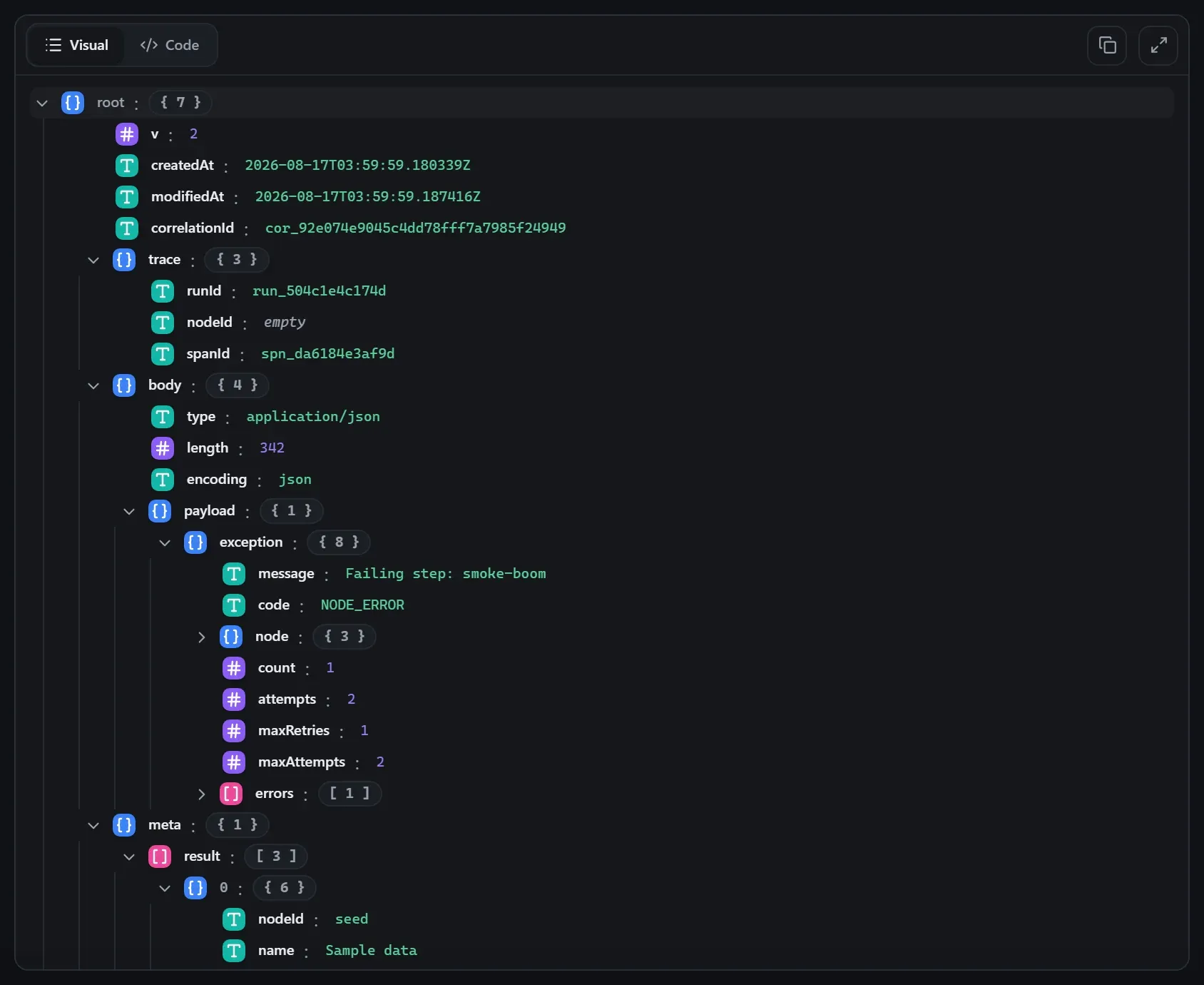 The Try node's output envelope in the run data viewer
