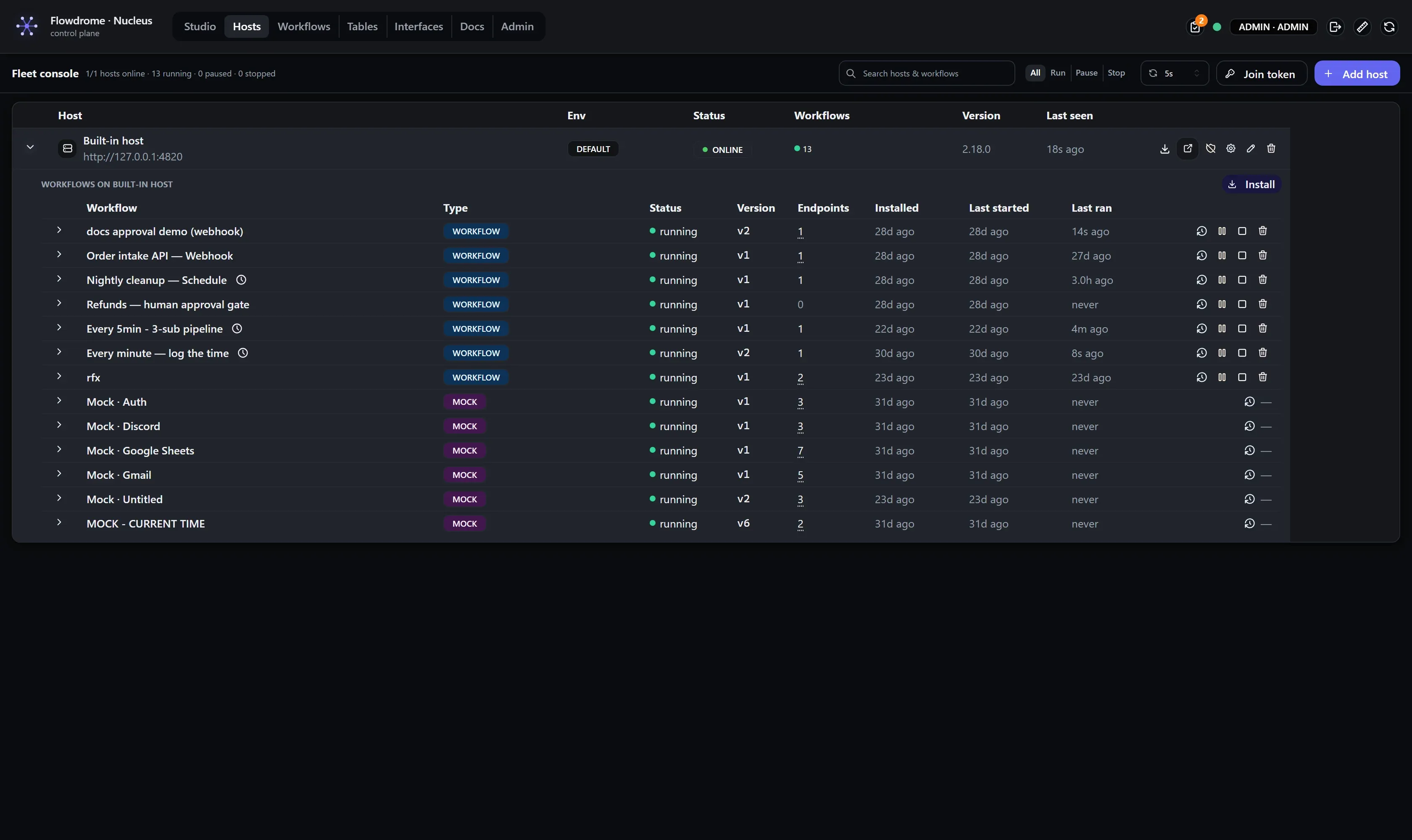 The fleet console with the same host expanded showing the identical workflow sub-rows