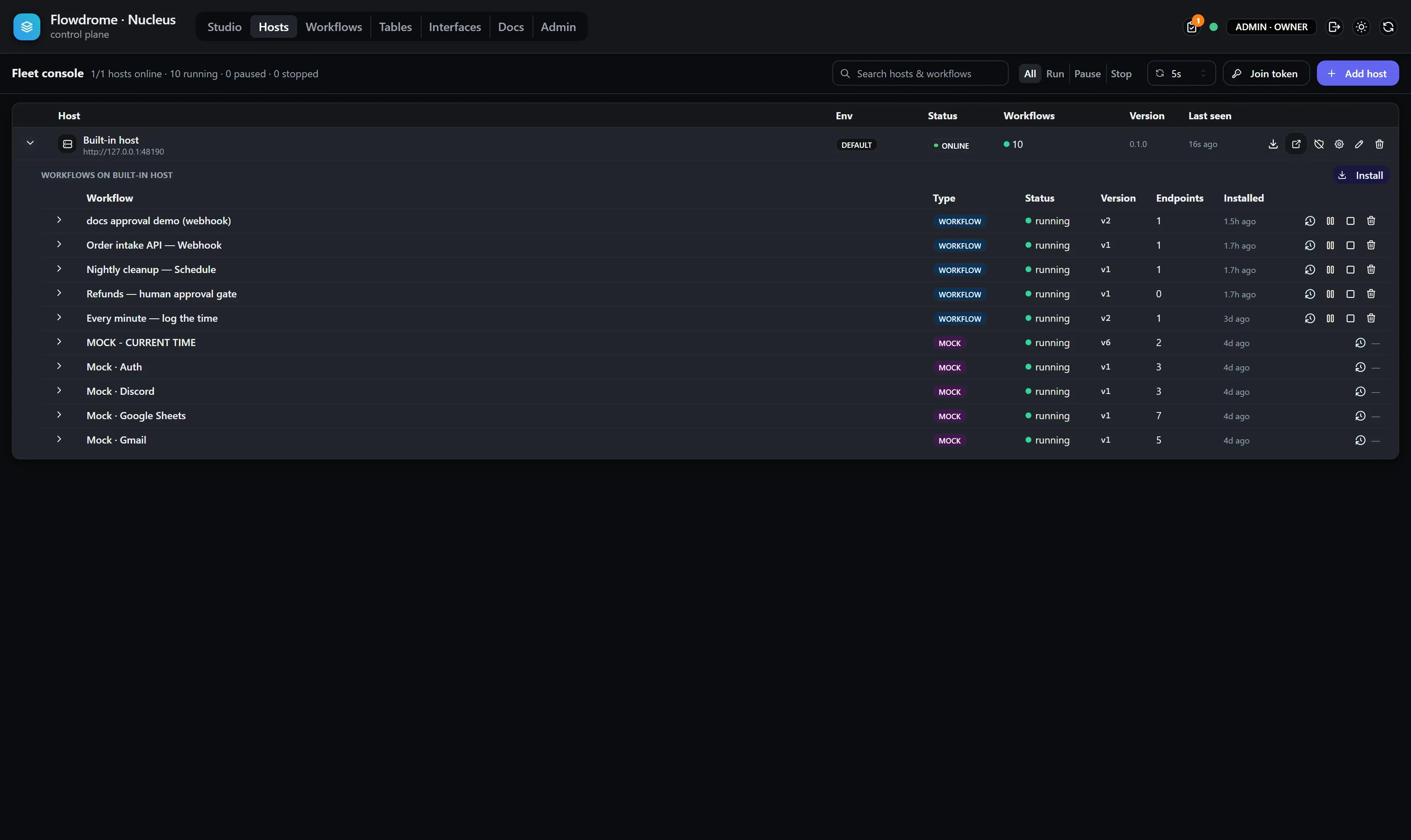 The fleet console with the same host expanded showing the identical workflow sub-rows