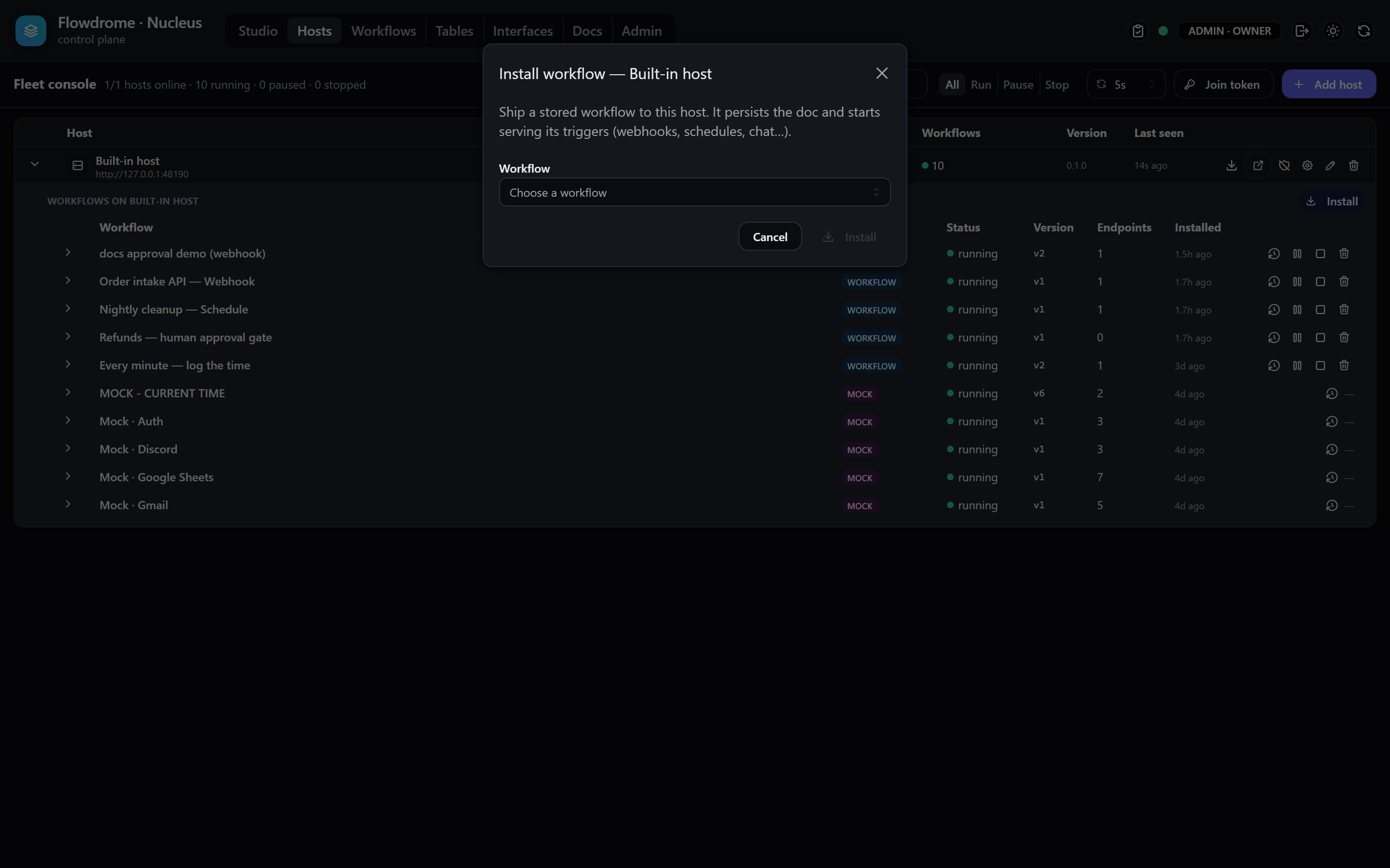 A Flowdrome host's Resources view with per-app CPU and memory telemetry