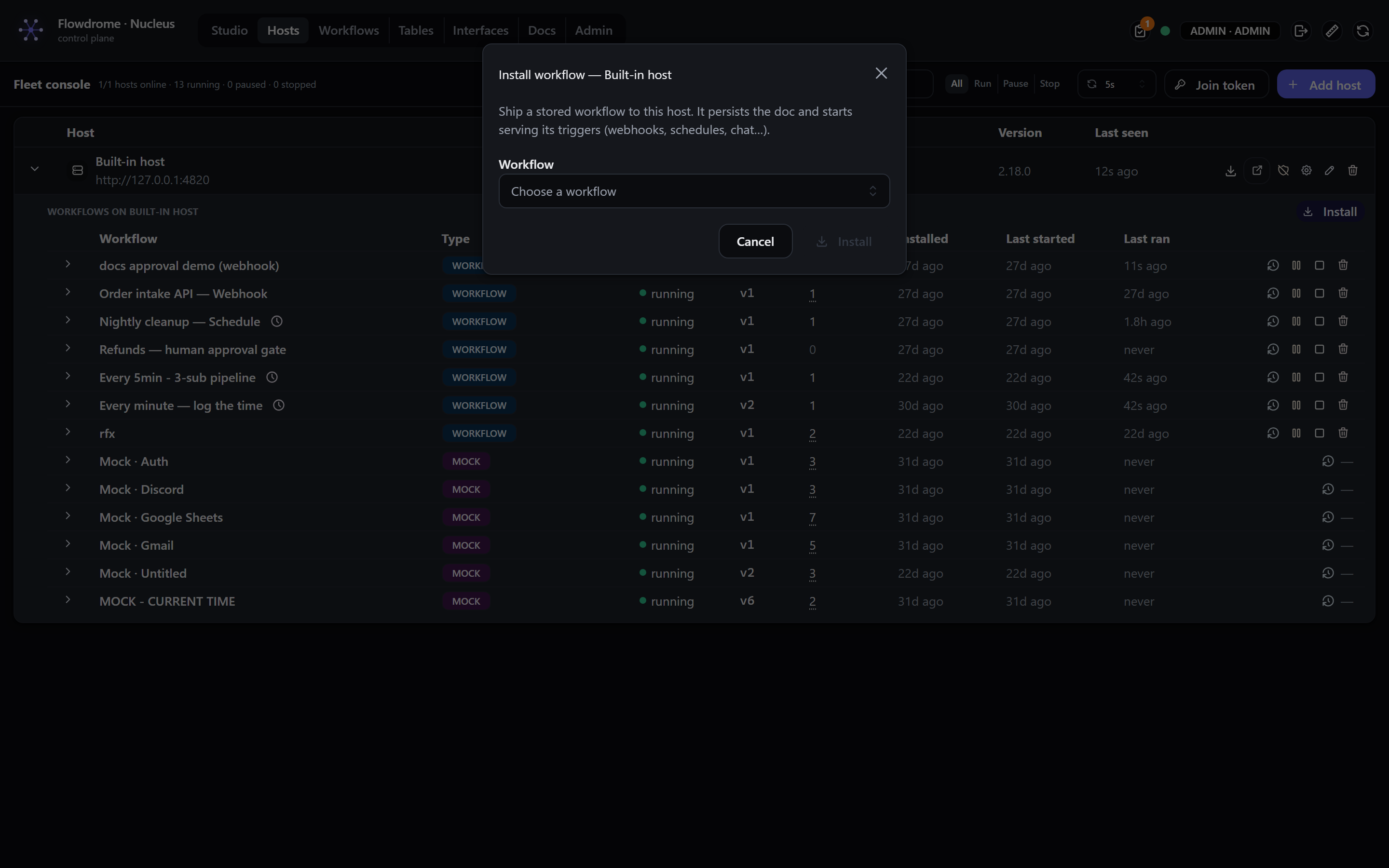 A Flowdrome host's Resources view with per-app CPU and memory telemetry