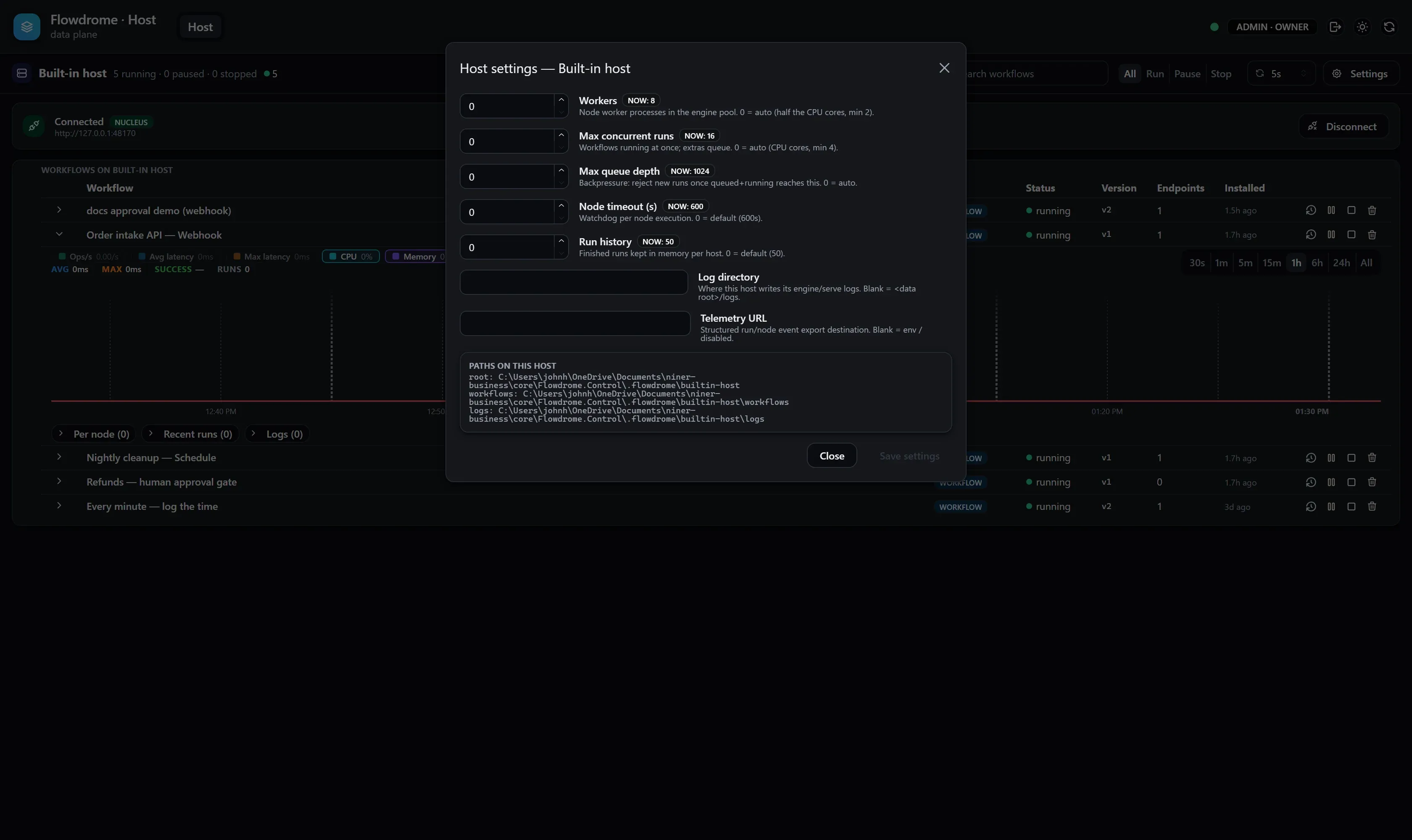 The host settings panel: workers, max concurrent runs, queue depth, node timeout, run history, log directory and telemetry URL