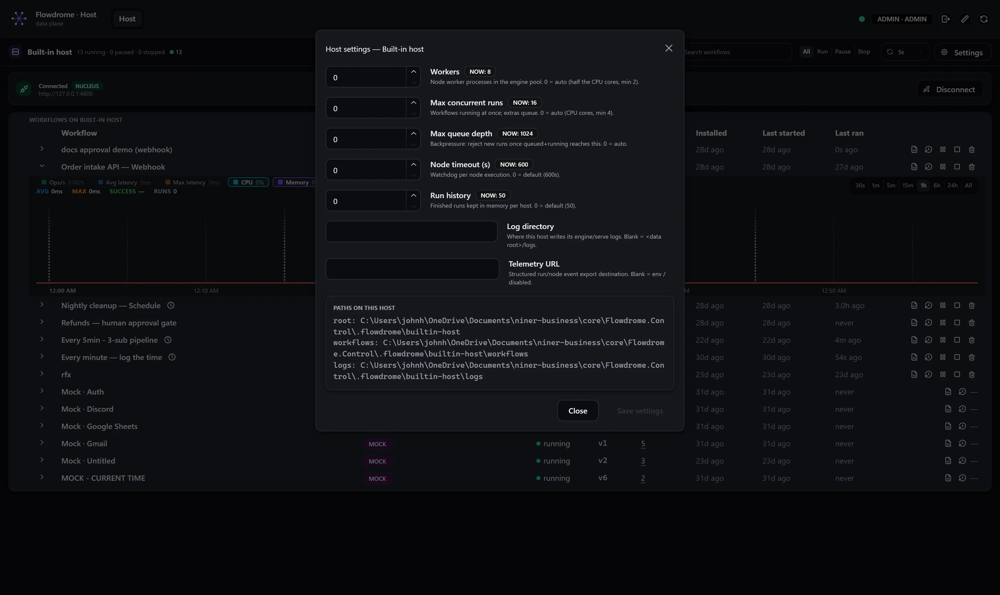 The host settings panel: workers, max concurrent runs, queue depth, node timeout, run history, log directory and telemetry URL