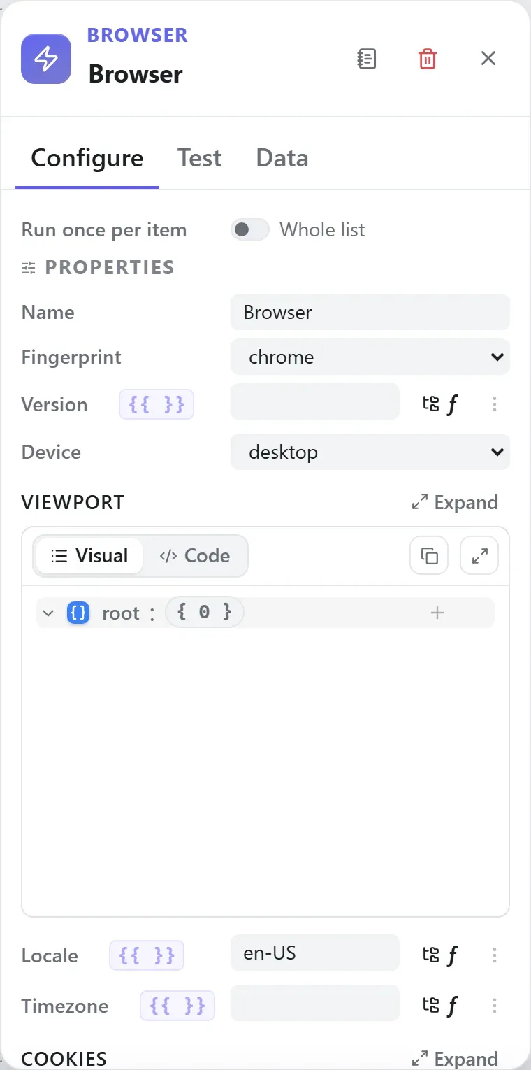 The Browser node's settings in the Studio builder