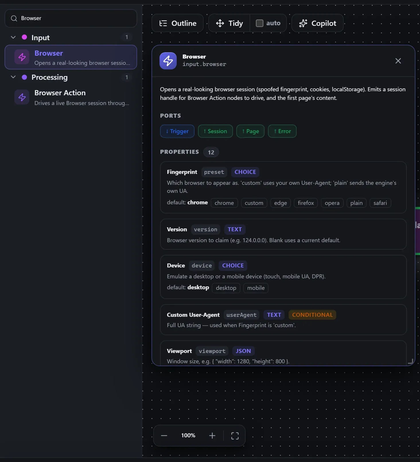 Browser in the node library, with the in-editor docs panel open