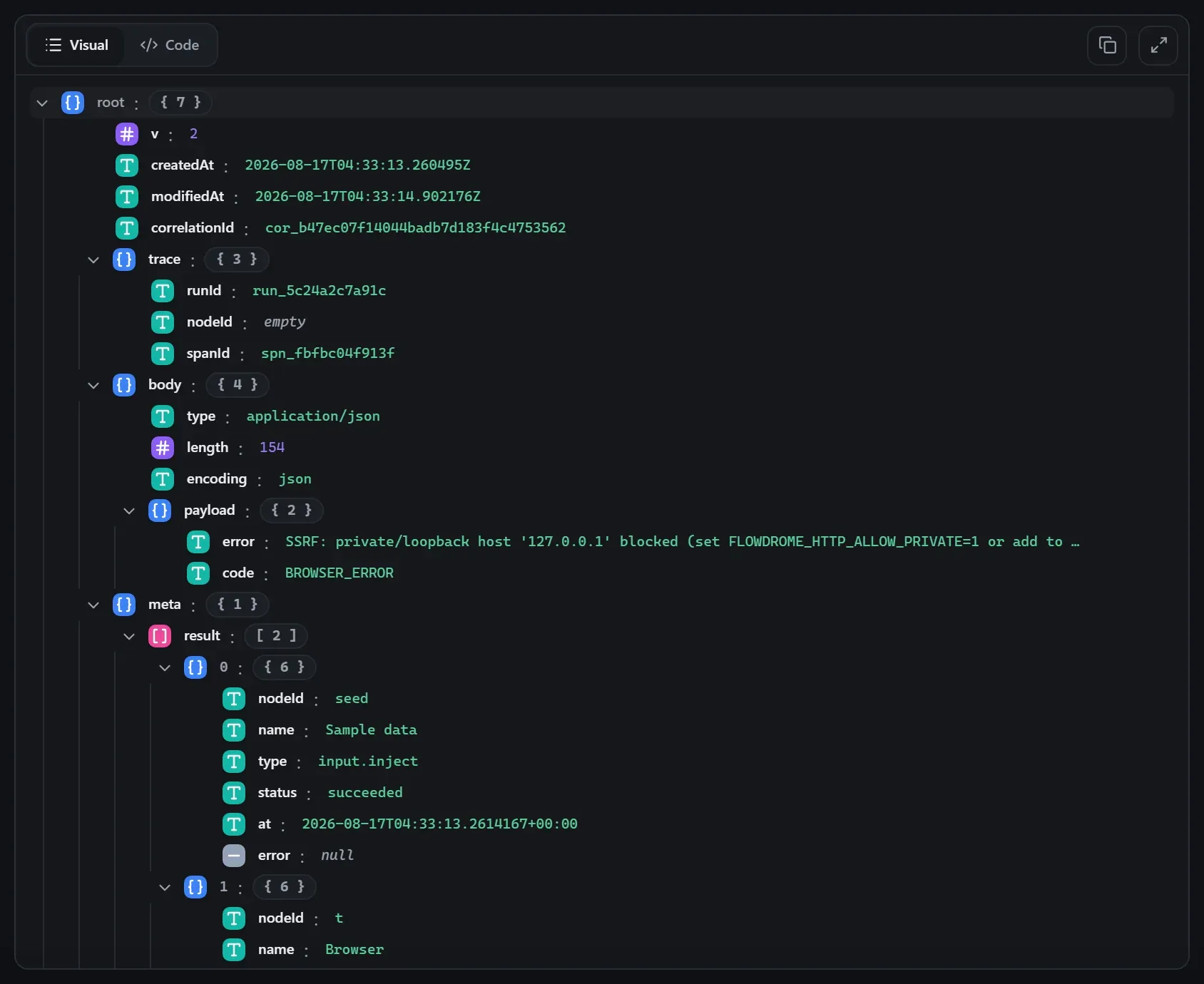 The Browser node's output envelope in the run data viewer
