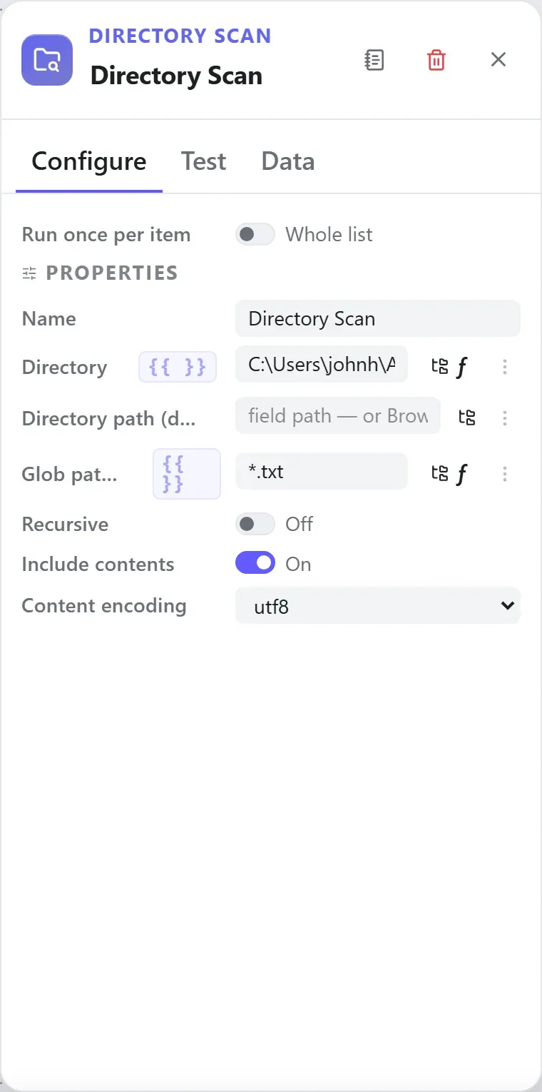 The Directory Scan node's settings in the Studio builder