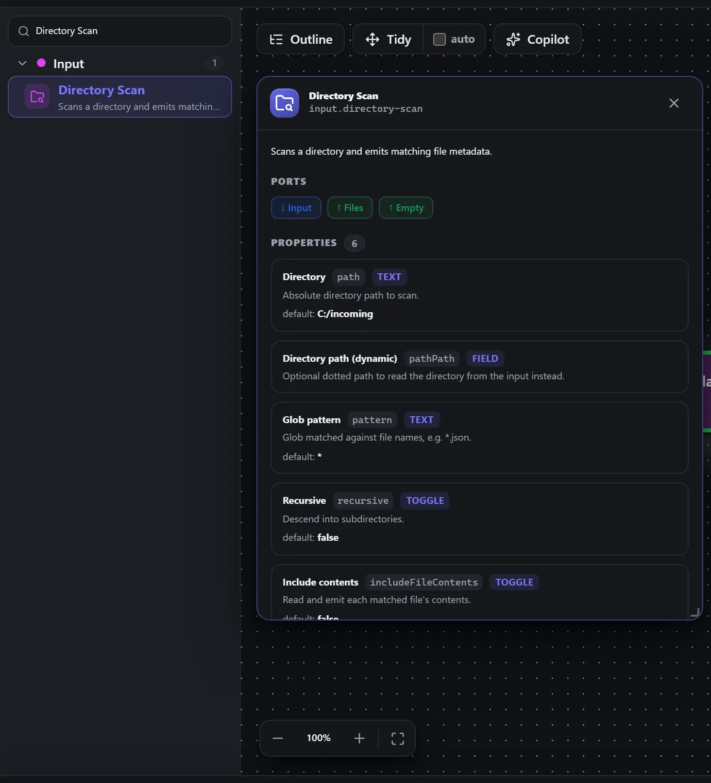 Directory Scan in the node library, with the in-editor docs panel open