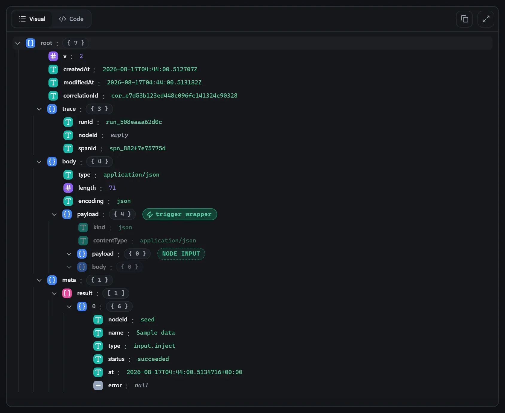 The Directory Scan node's input envelope in the run data viewer