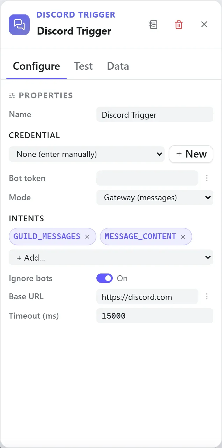 The Discord Trigger node's settings in the Studio builder