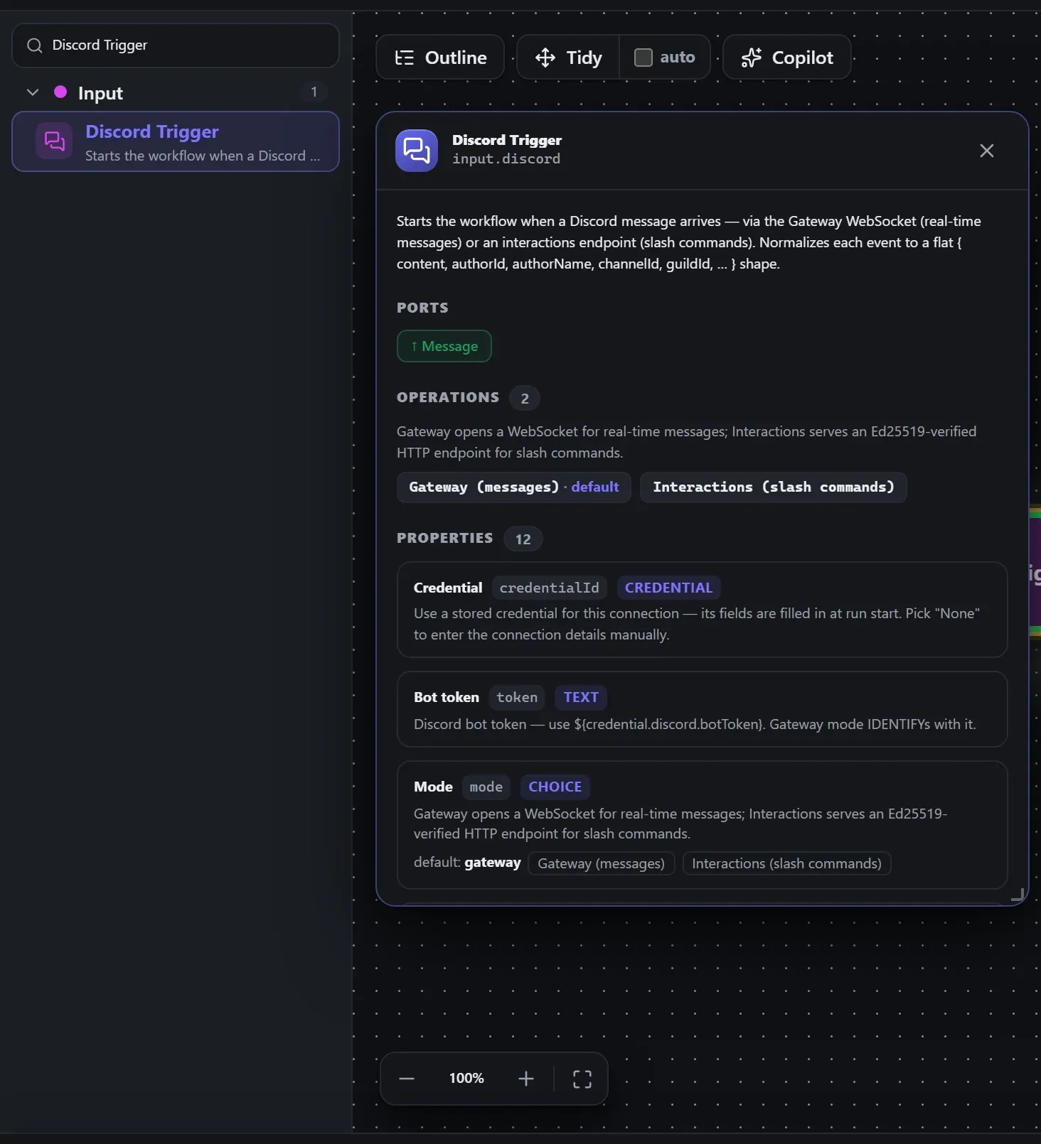 Discord Trigger in the node library, with the in-editor docs panel open