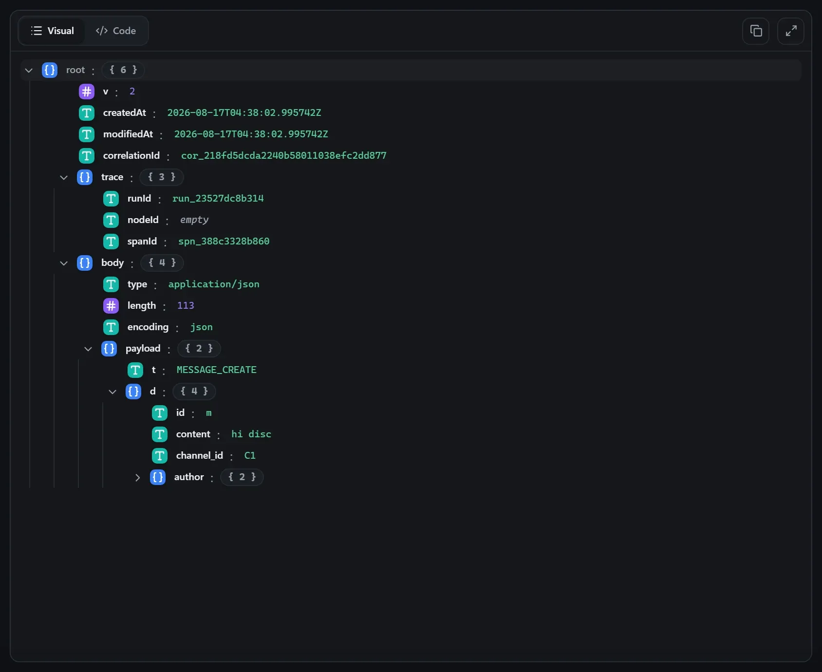 The Discord Trigger node's input envelope in the run data viewer
