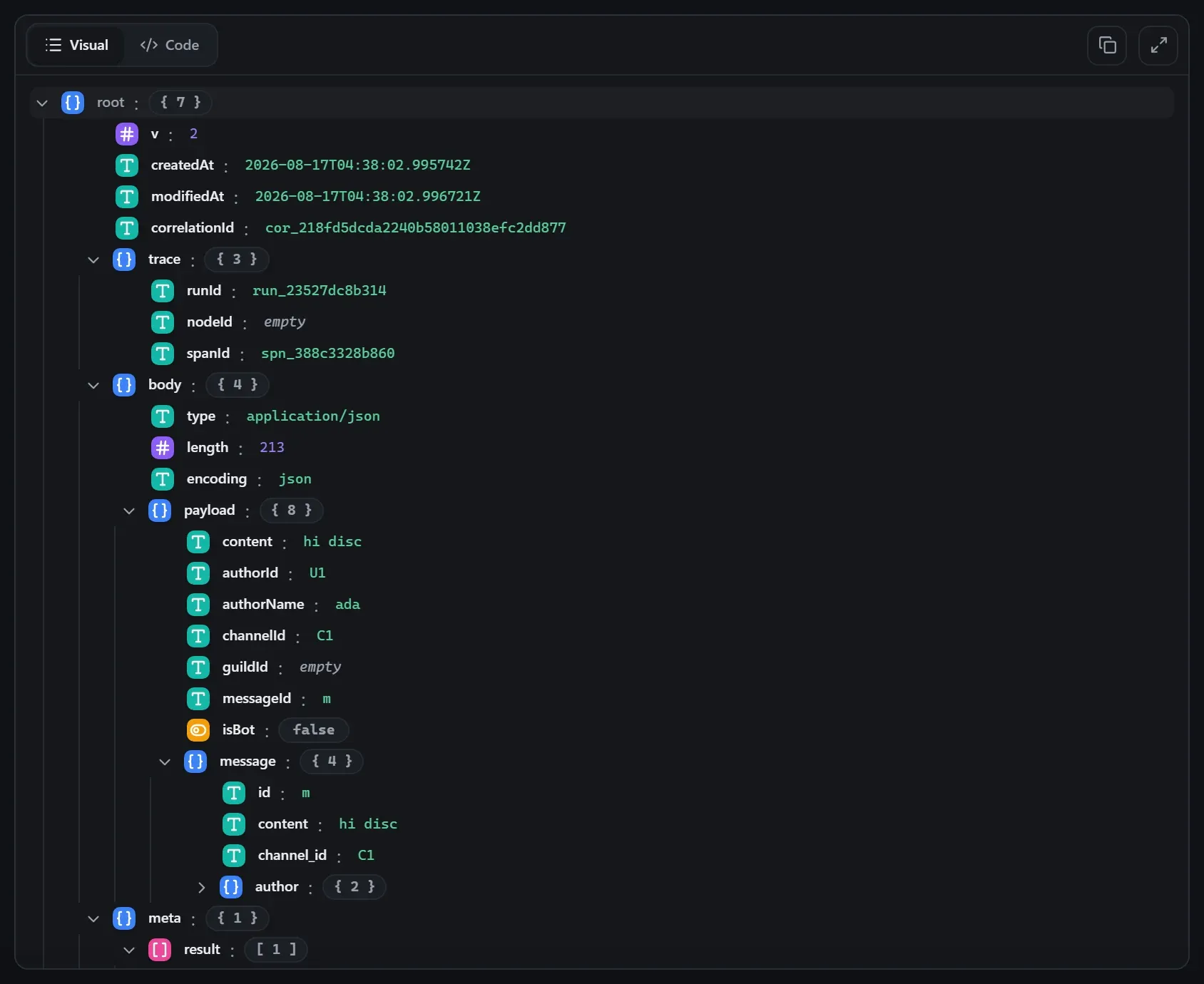 The Discord Trigger node's output envelope in the run data viewer