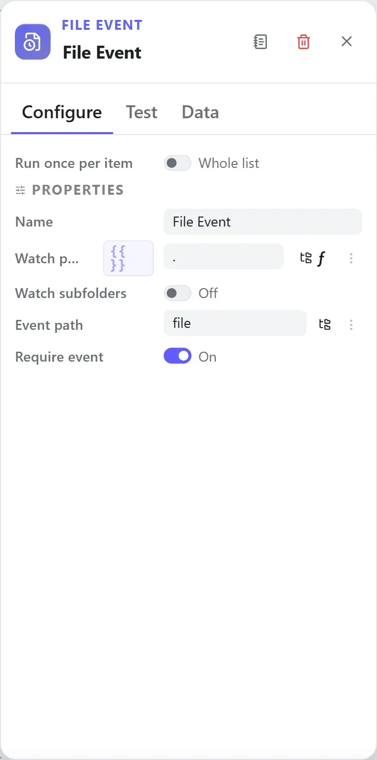 The File Event node's settings in the Studio builder
