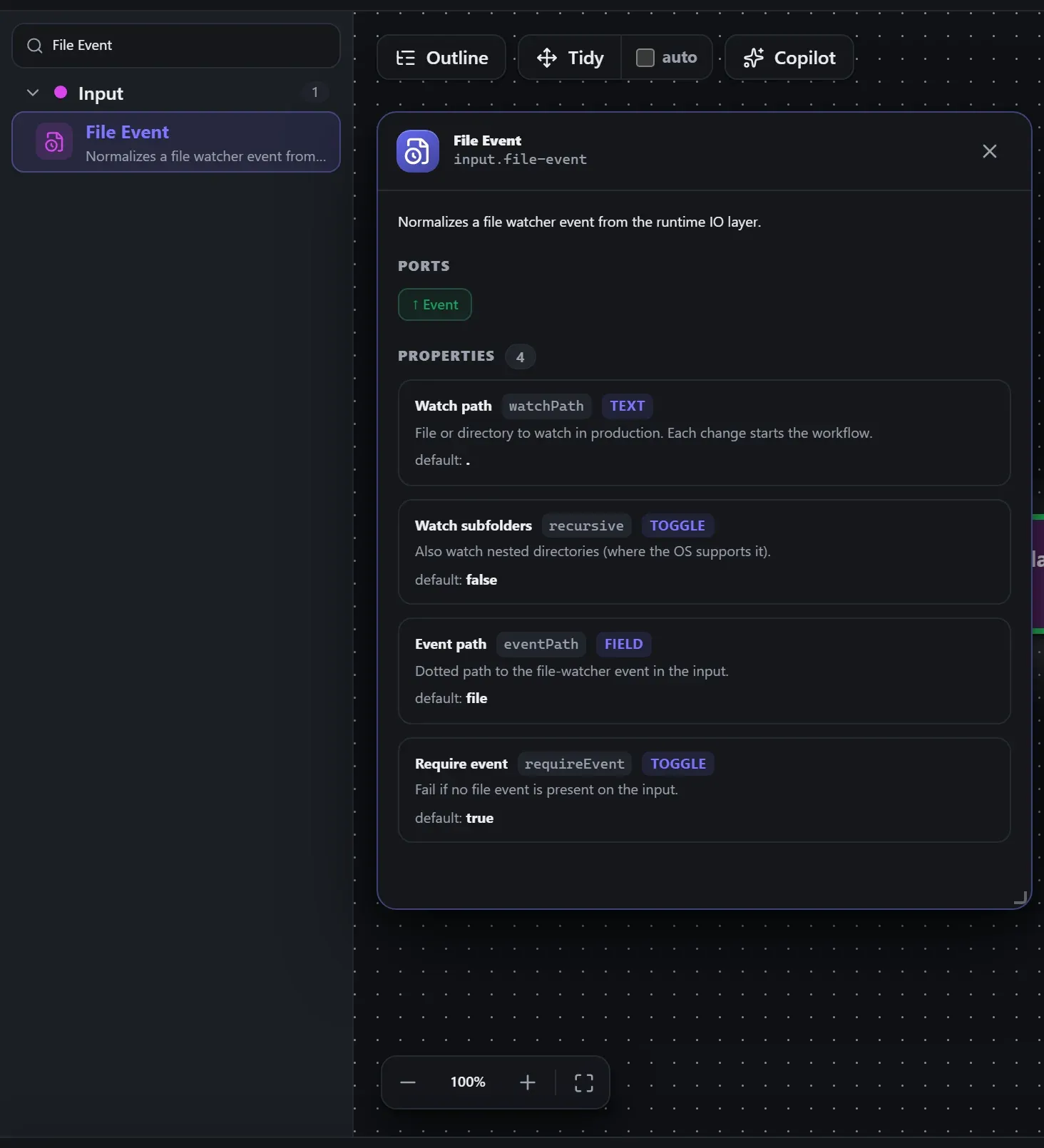 File Event in the node library, with the in-editor docs panel open
