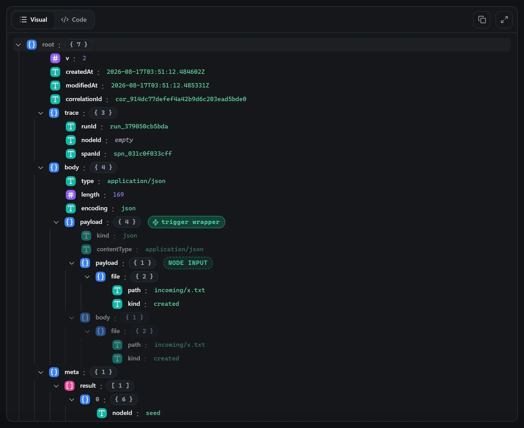 The File Event node's input envelope in the run data viewer