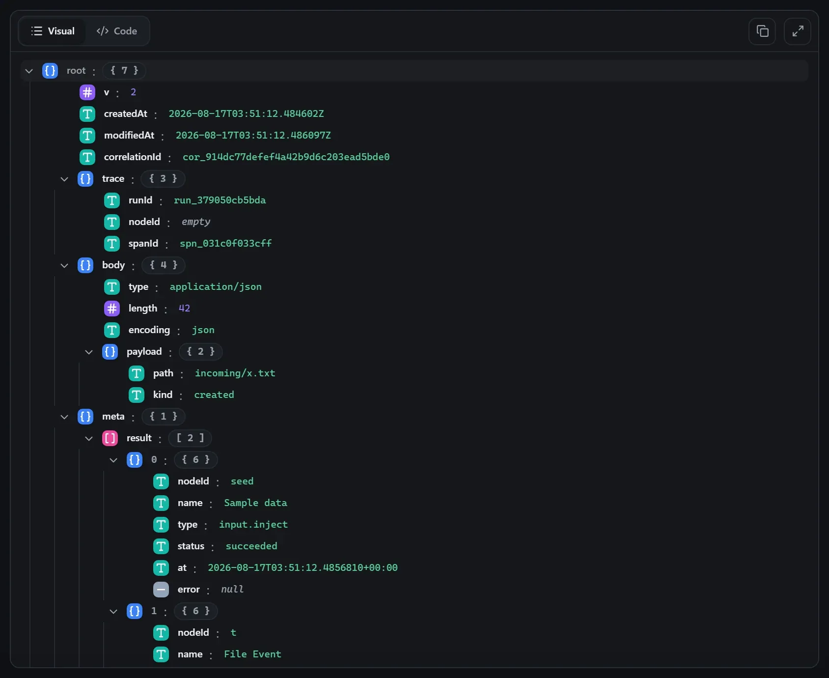 The File Event node's output envelope in the run data viewer