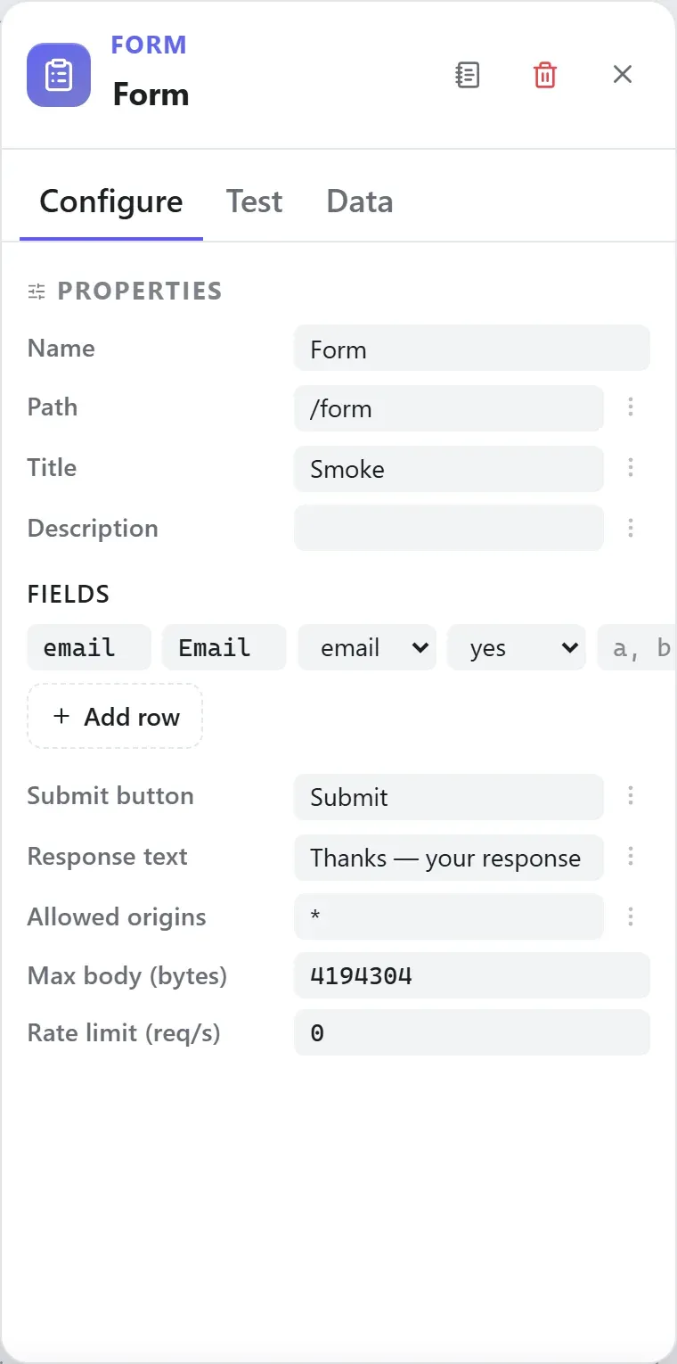 The Form node's settings in the Studio builder