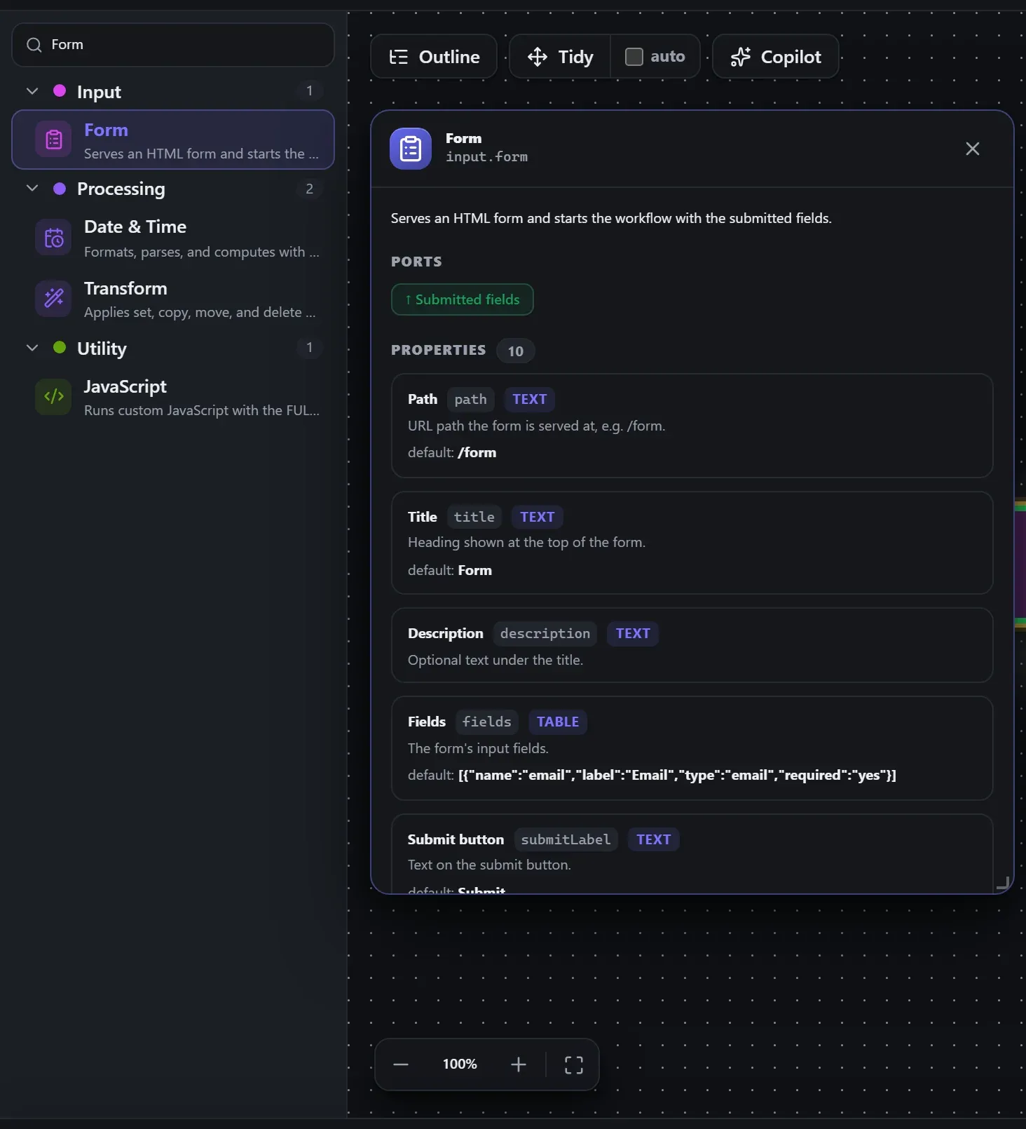 Form in the node library, with the in-editor docs panel open