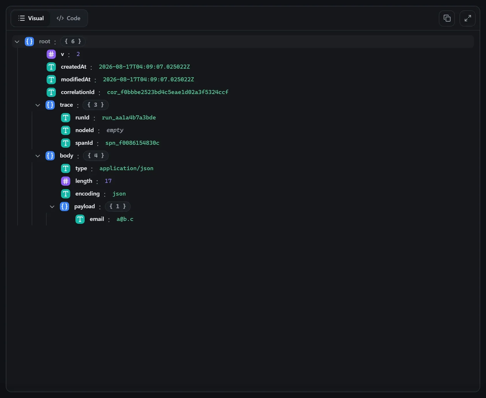 The Form node's input envelope in the run data viewer