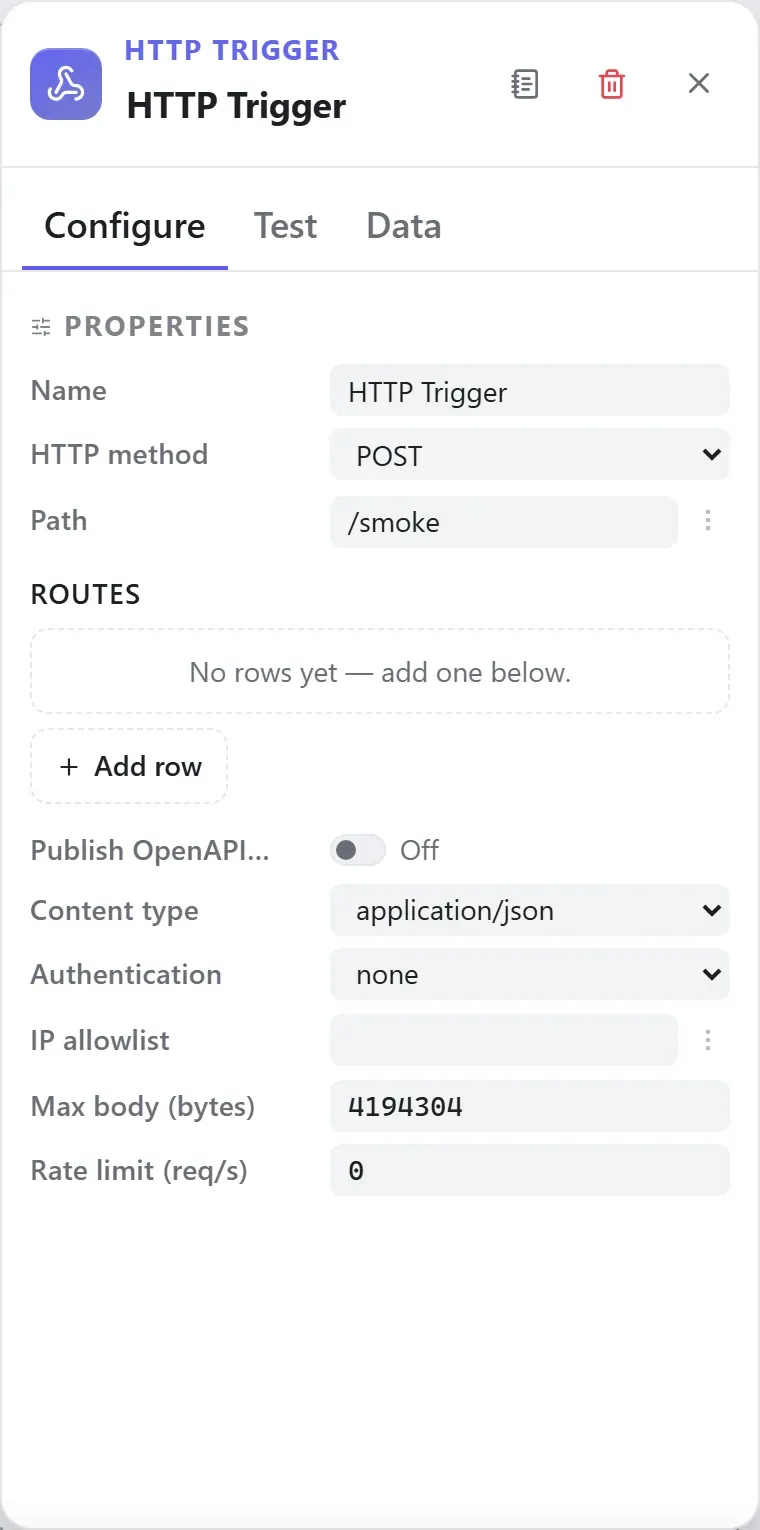 The HTTP Trigger node's settings in the Studio builder