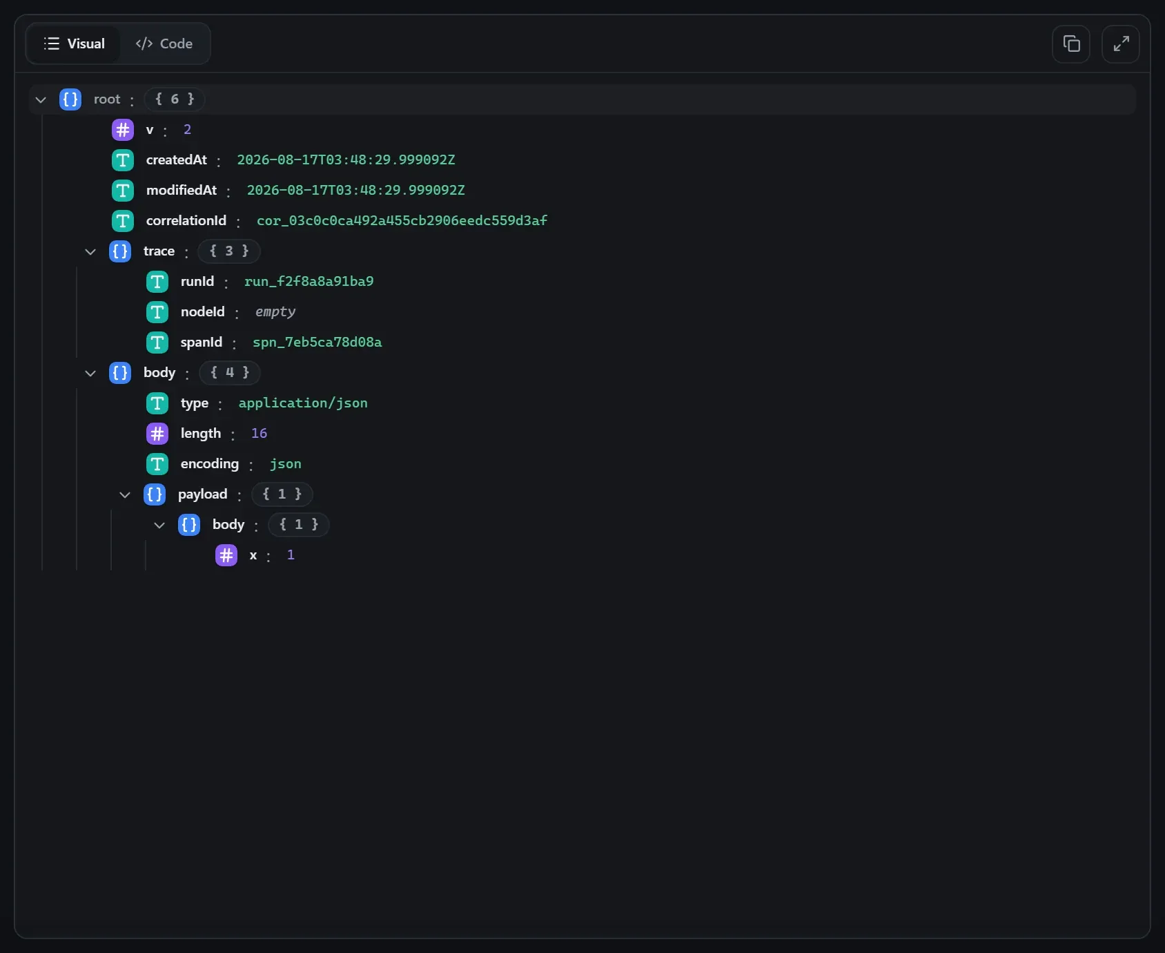 The HTTP Trigger node's input envelope in the run data viewer