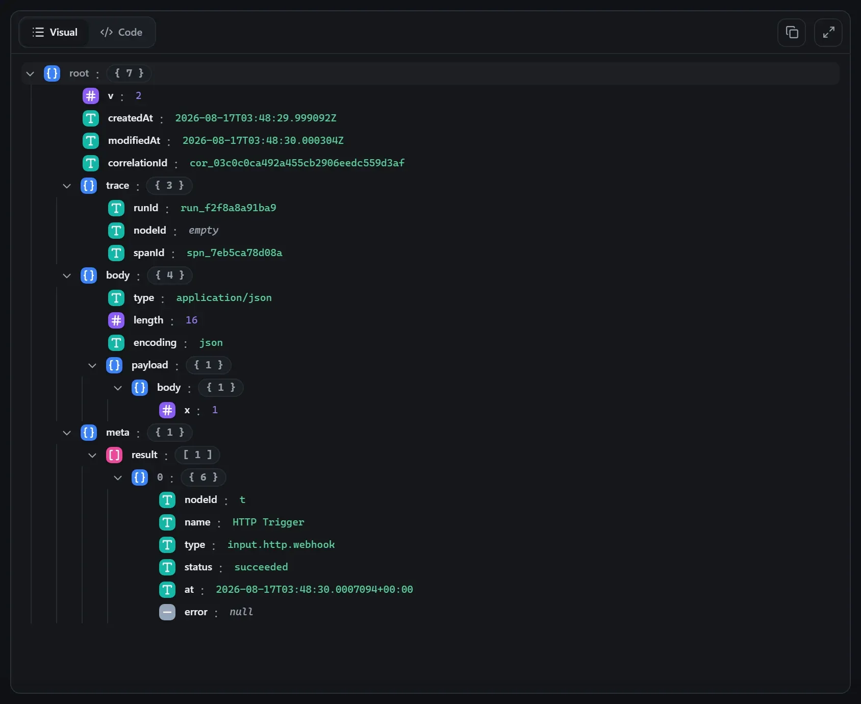 The HTTP Trigger node's output envelope in the run data viewer