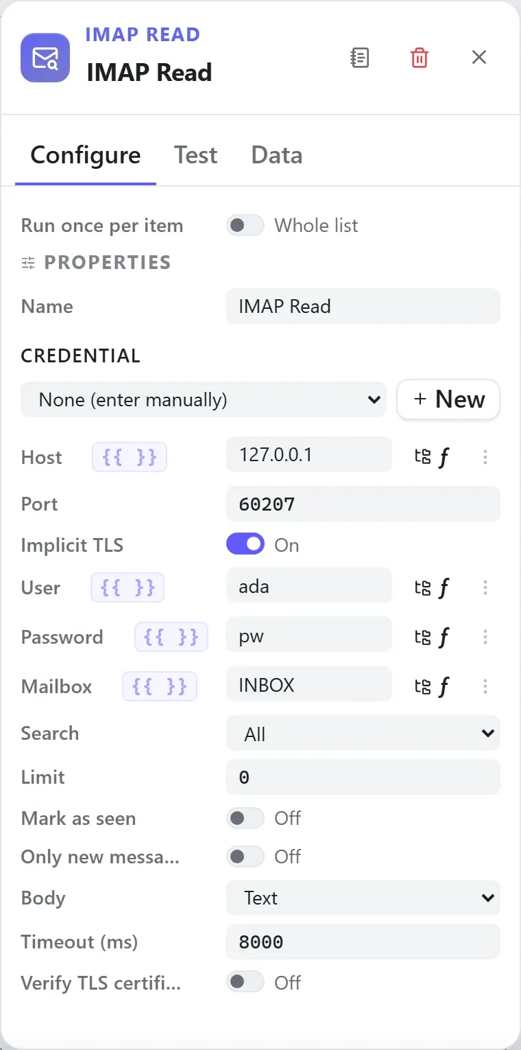 The IMAP Read node's settings in the Studio builder