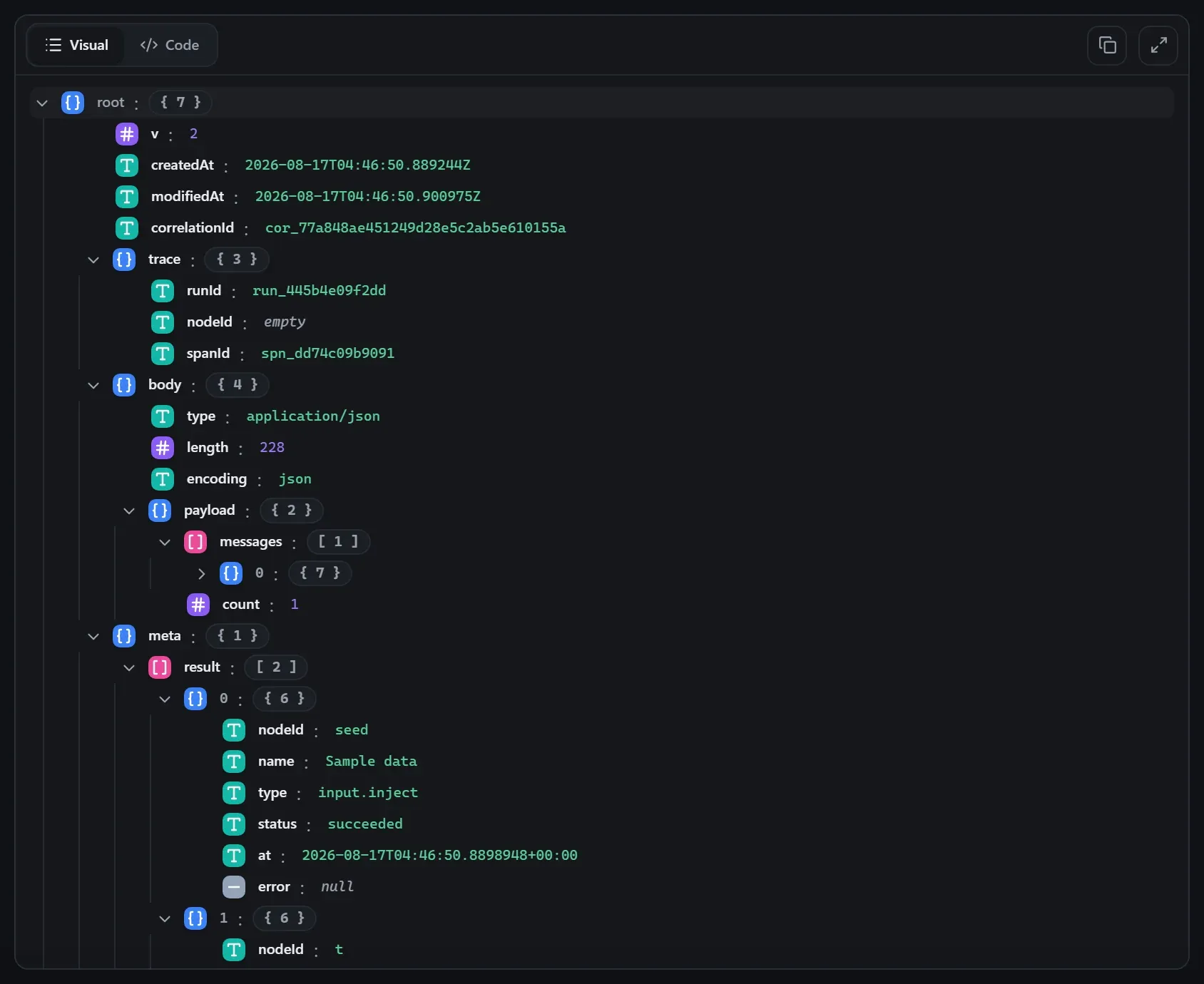The IMAP Read node's output envelope in the run data viewer