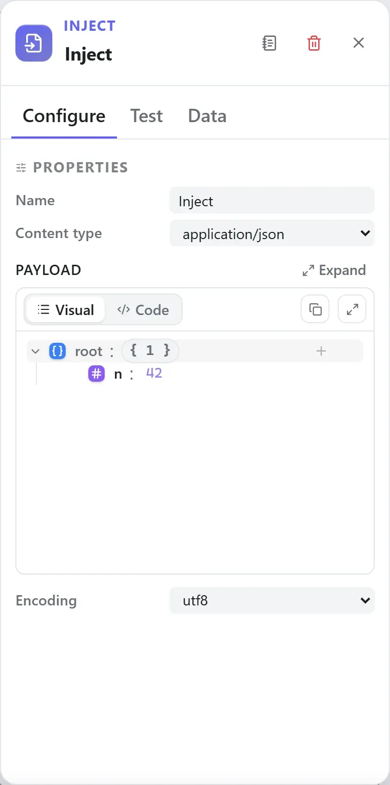 The Inject node's settings in the Studio builder