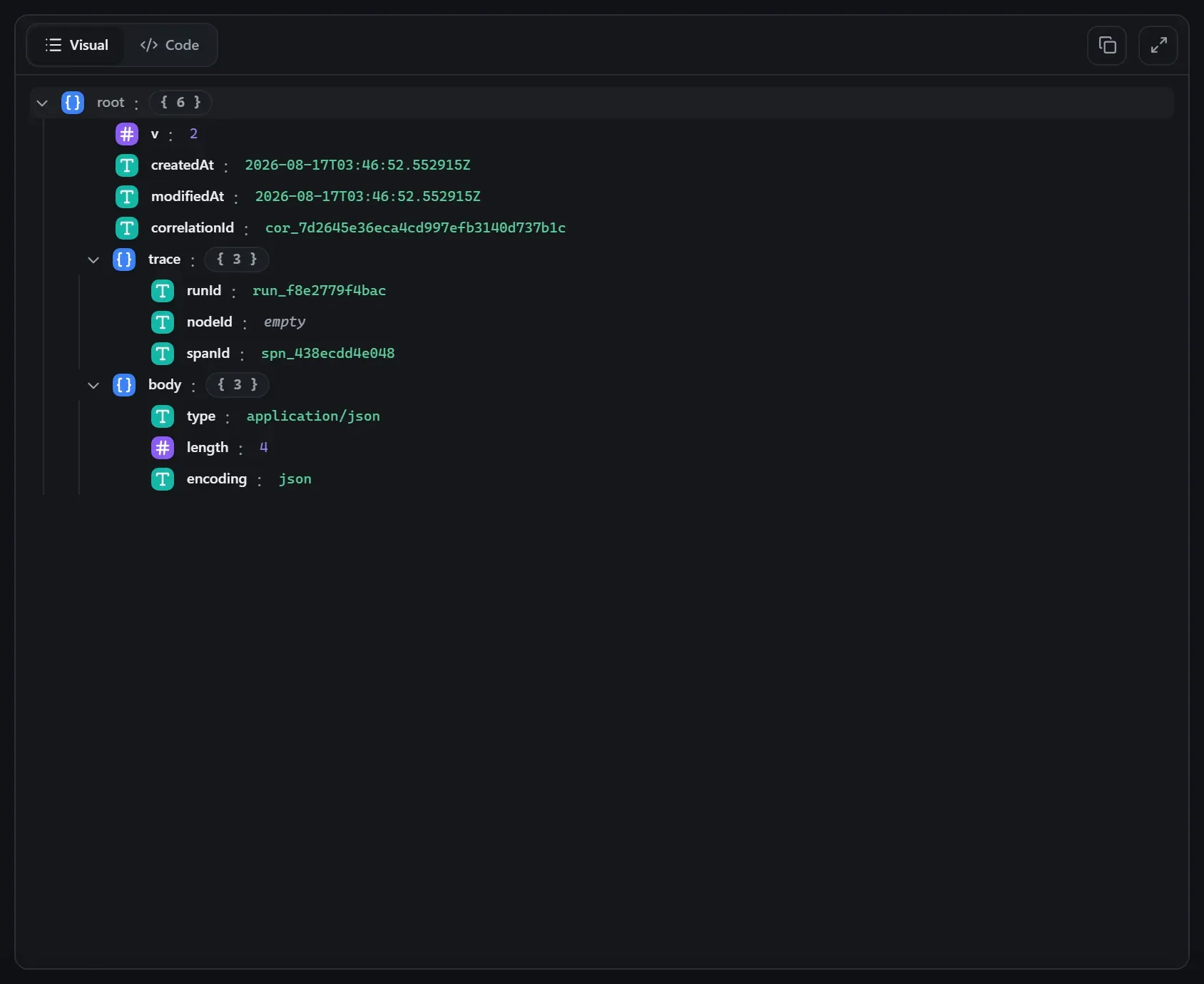 The Inject node's input envelope in the run data viewer