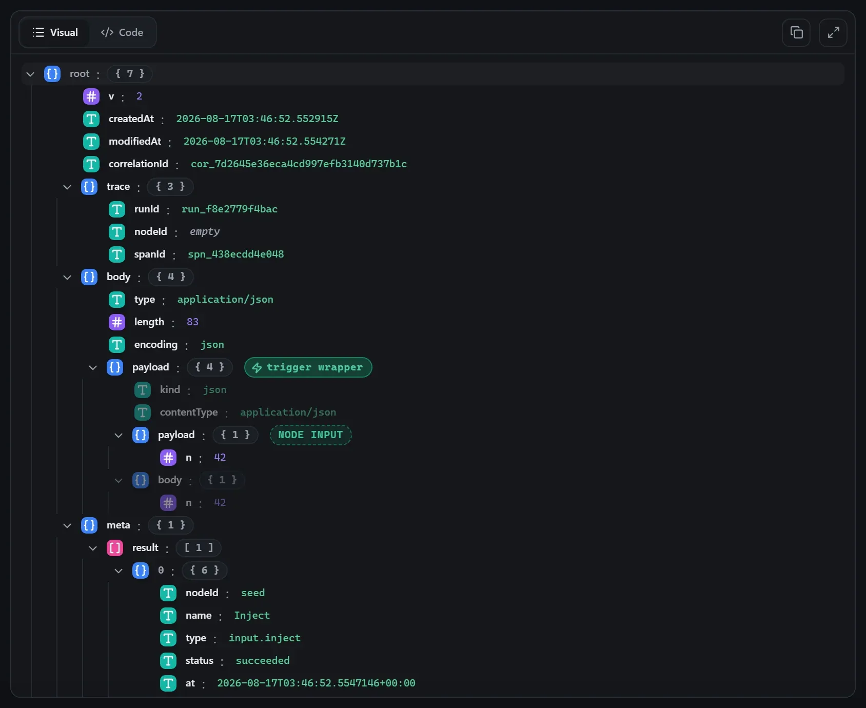 The Inject node's output envelope in the run data viewer