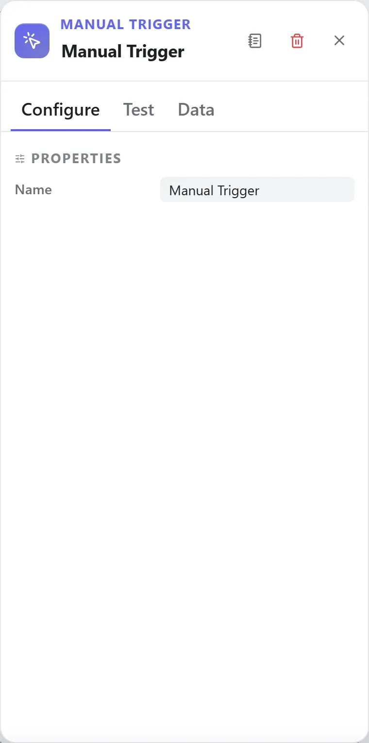 The Manual Trigger node's settings in the Studio builder