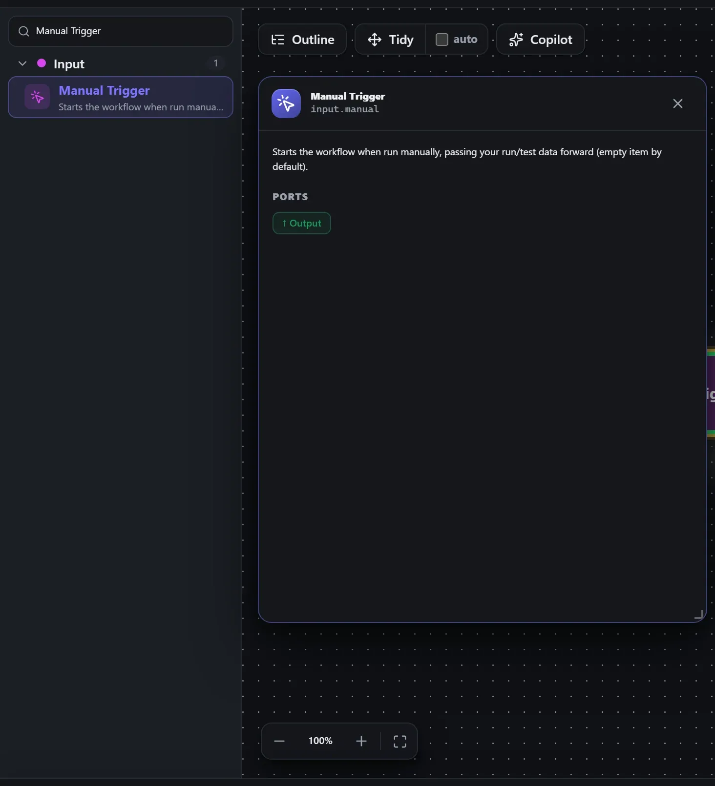 Manual Trigger in the node library, with the in-editor docs panel open