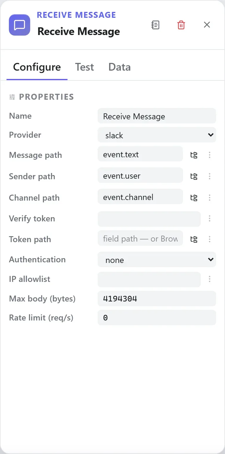The Receive Message node's settings in the Studio builder