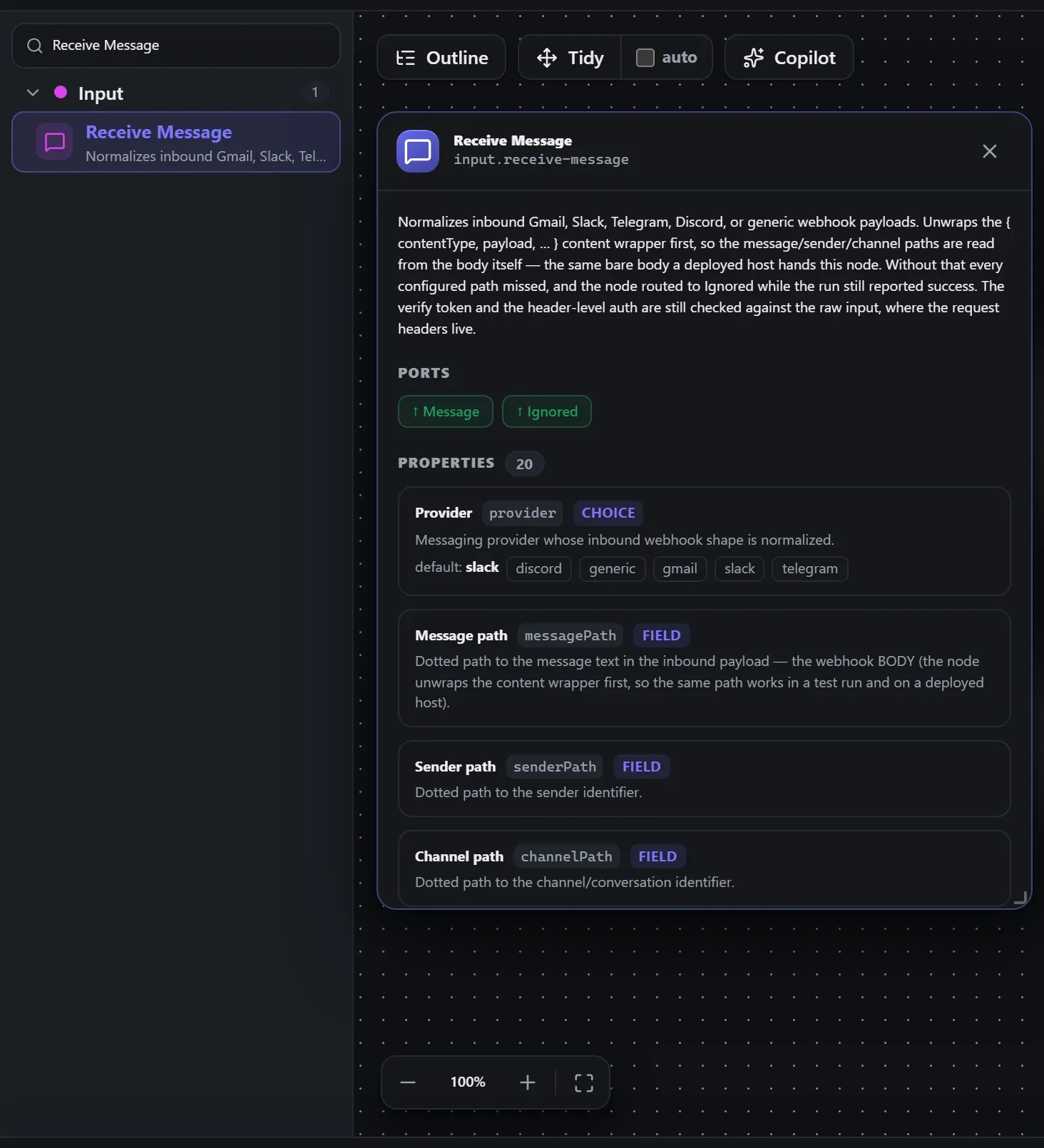 Receive Message in the node library, with the in-editor docs panel open