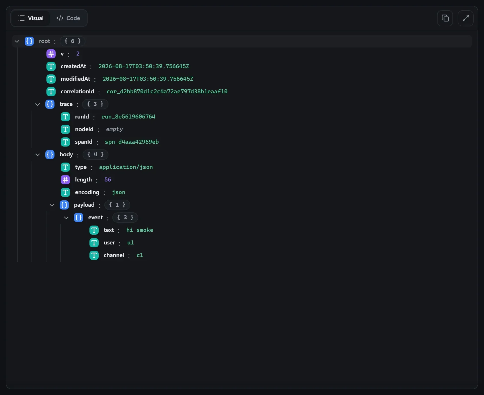 The Receive Message node's input envelope in the run data viewer