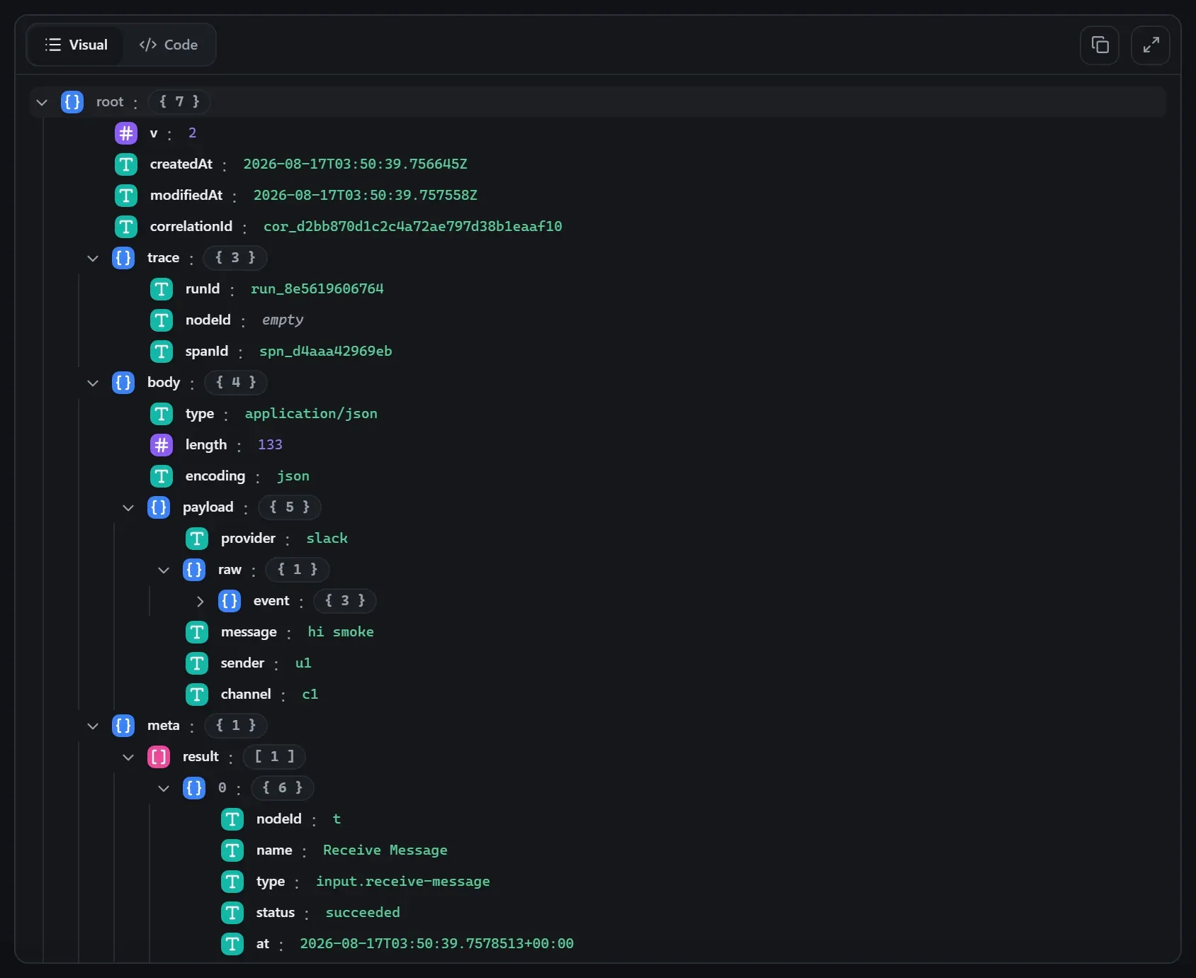 The Receive Message node's output envelope in the run data viewer