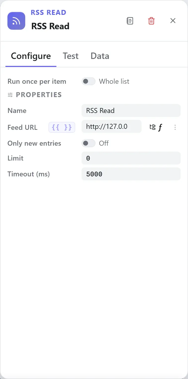 The RSS Read node's settings in the Studio builder