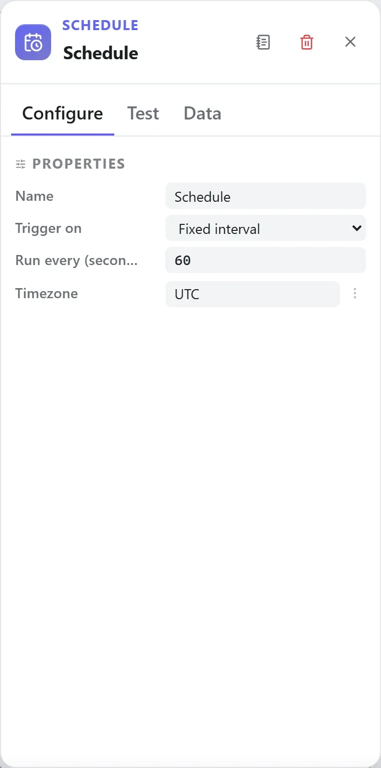 The Schedule node's settings in the Studio builder