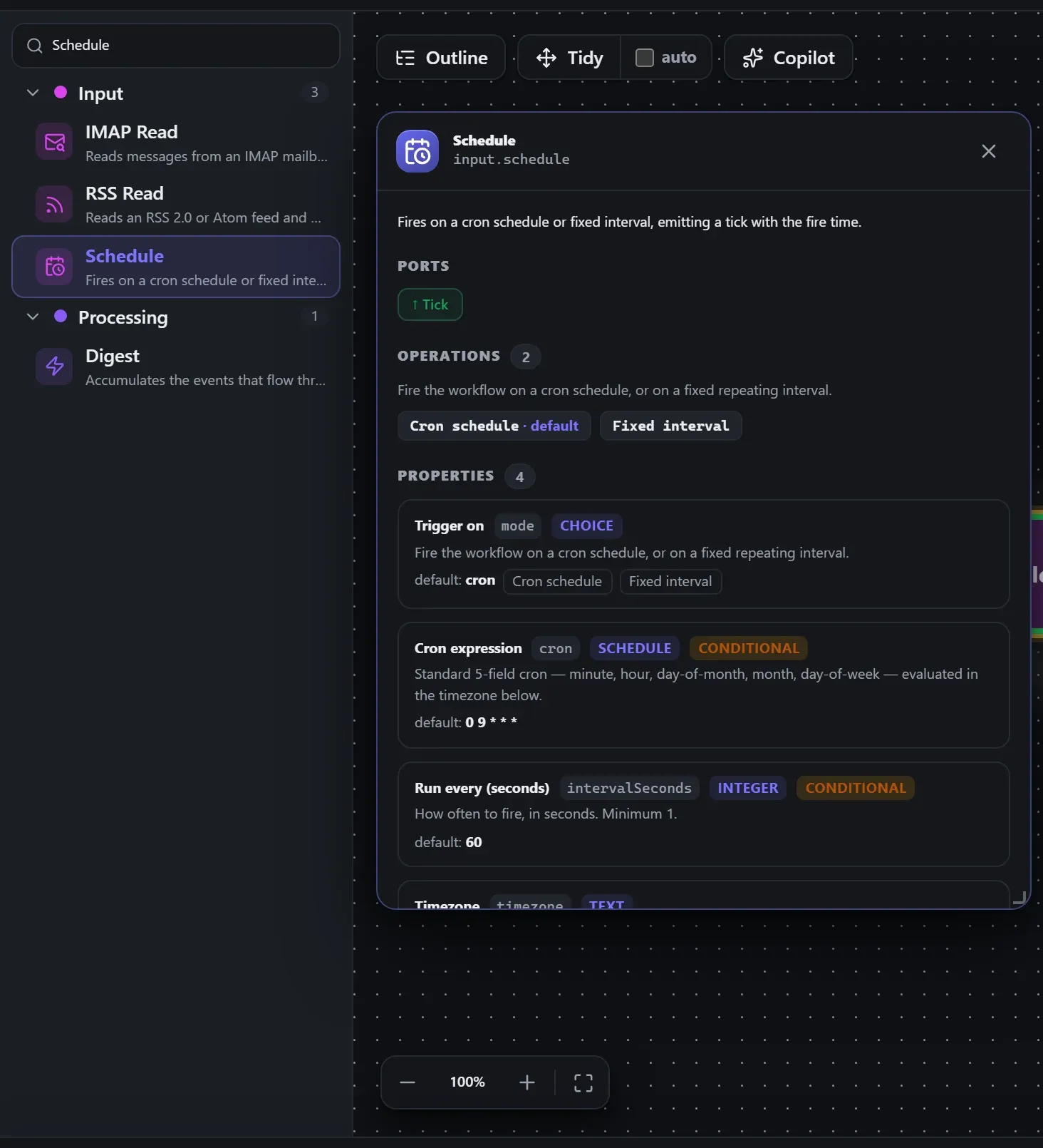 Schedule in the node library, with the in-editor docs panel open