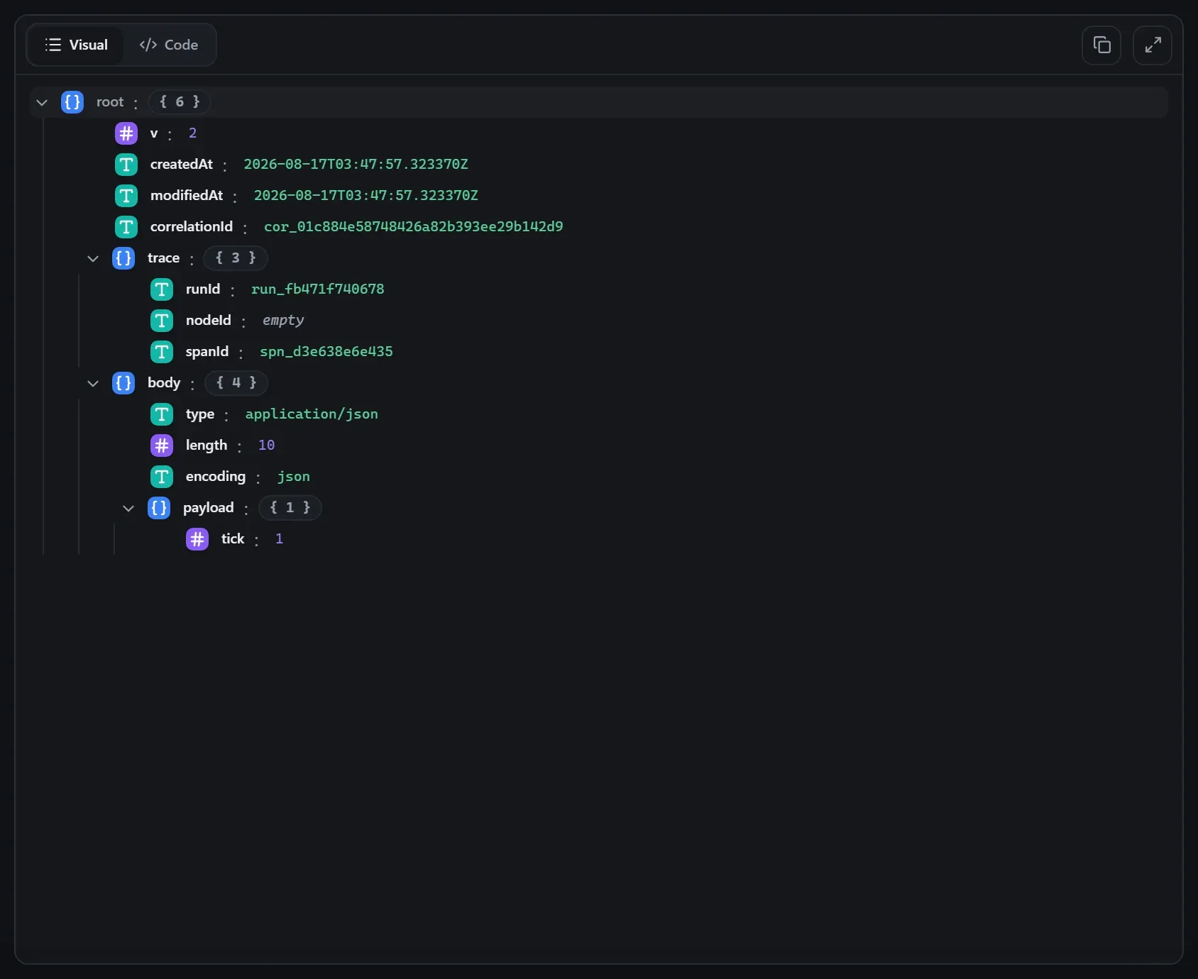 The Schedule node's input envelope in the run data viewer
