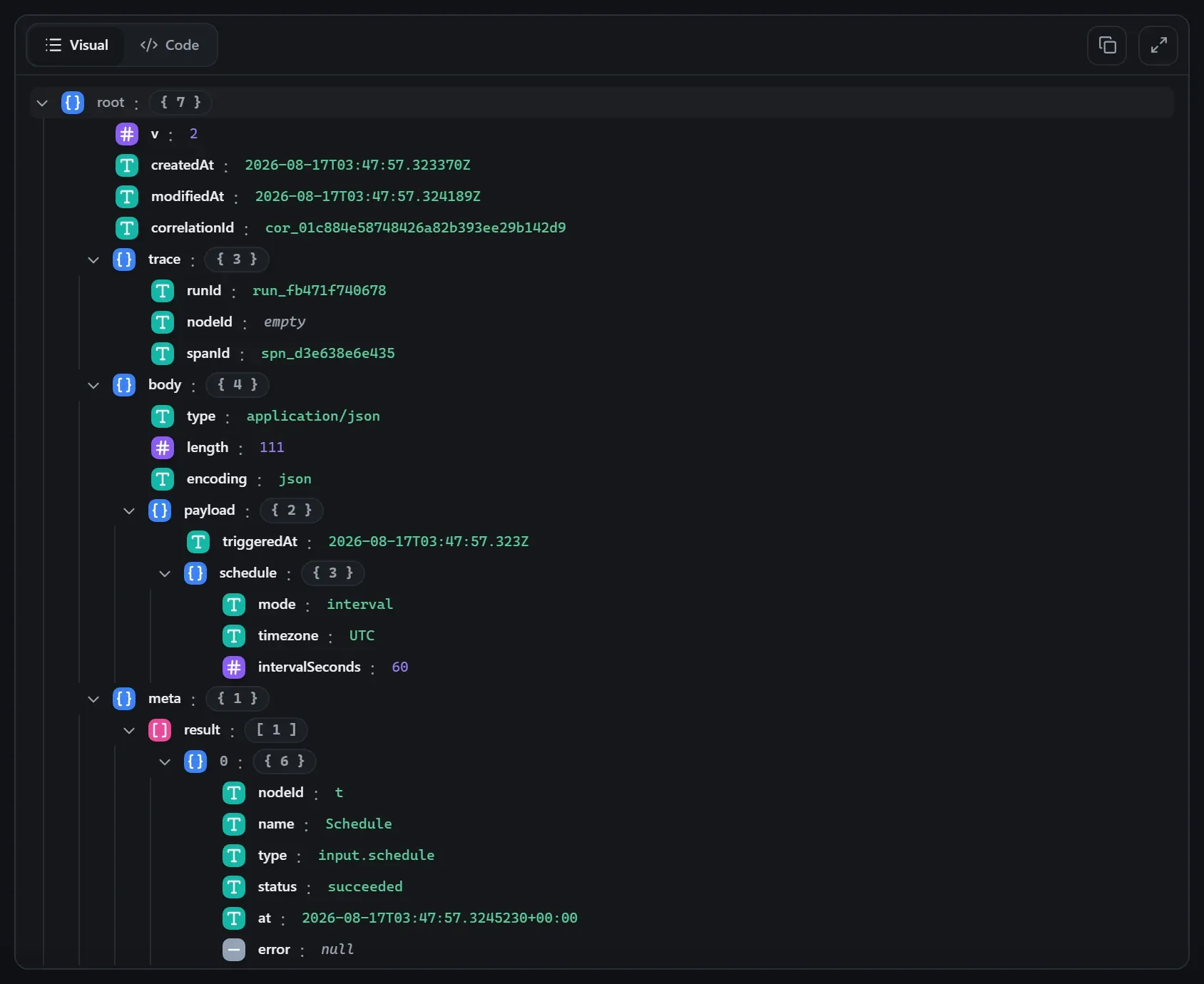 The Schedule node's output envelope in the run data viewer