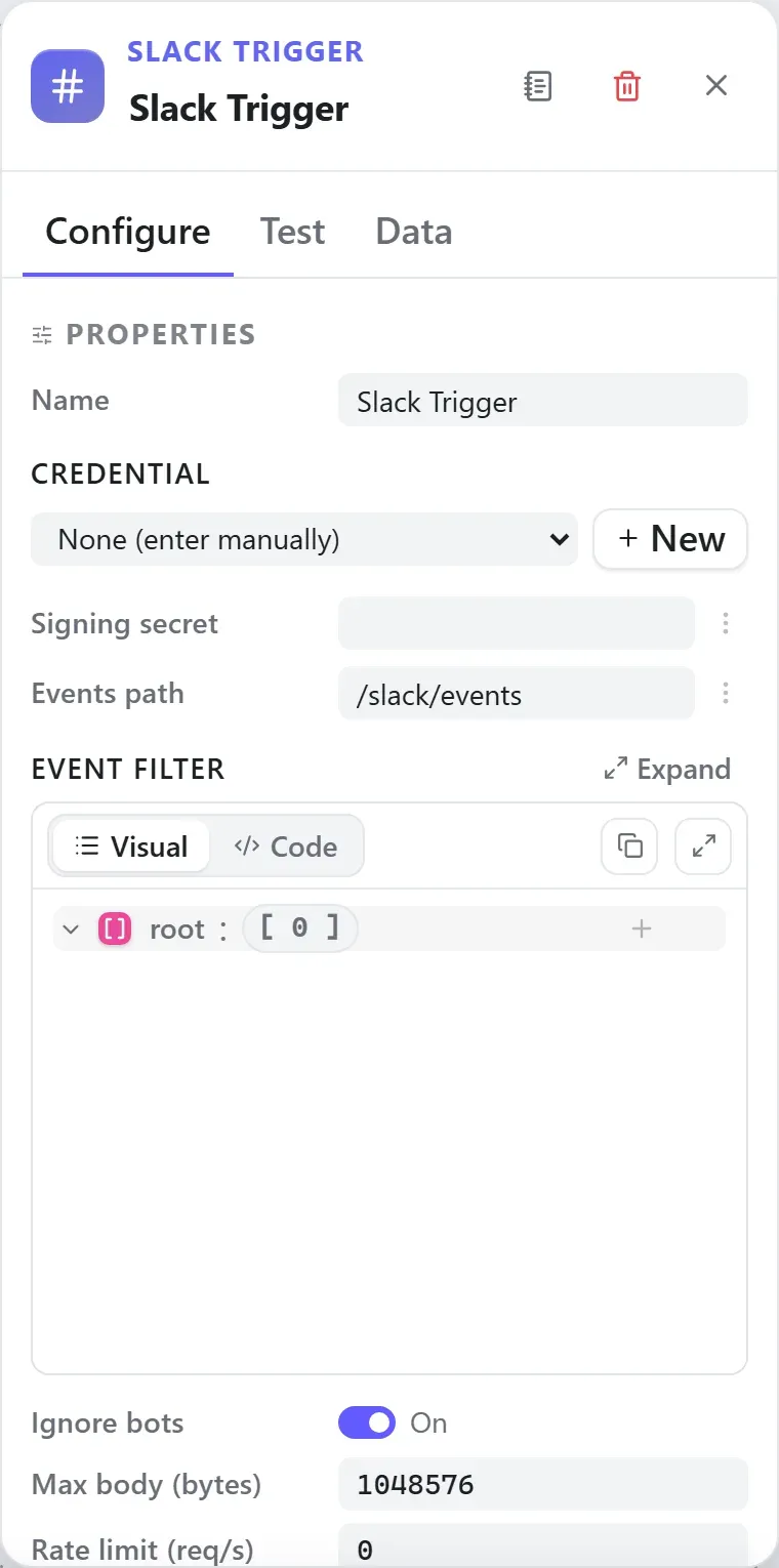 The Slack Trigger node's settings in the Studio builder