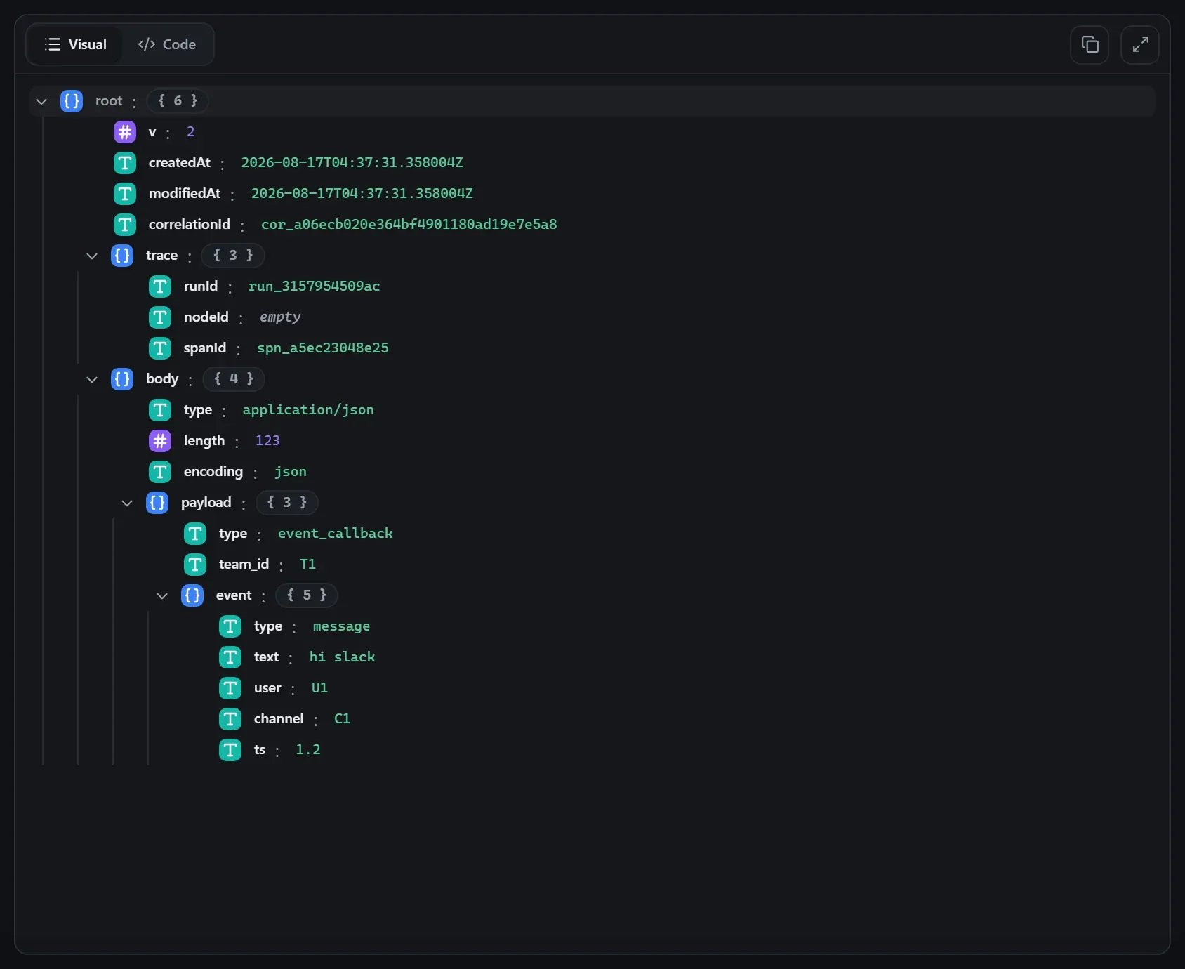 The Slack Trigger node's input envelope in the run data viewer