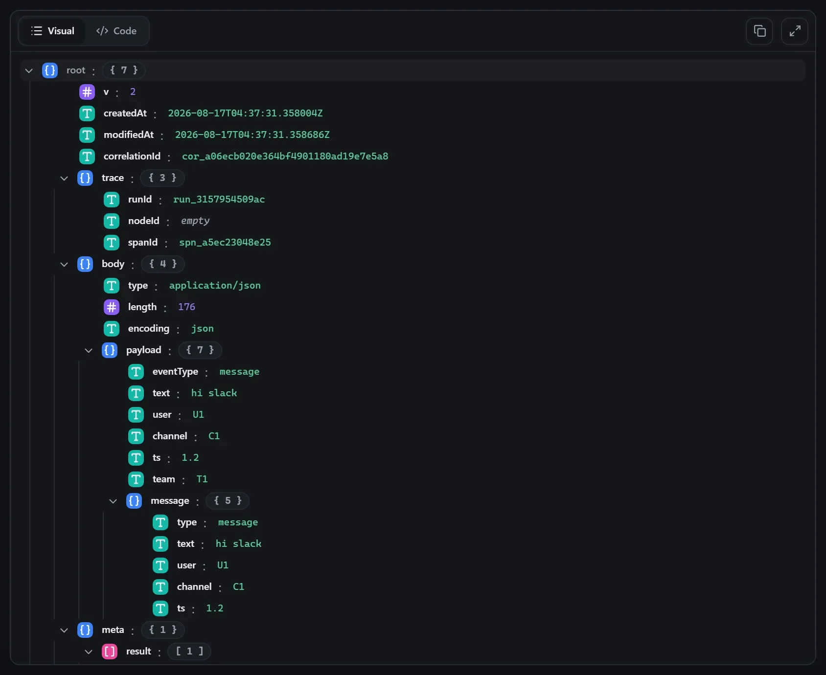 The Slack Trigger node's output envelope in the run data viewer