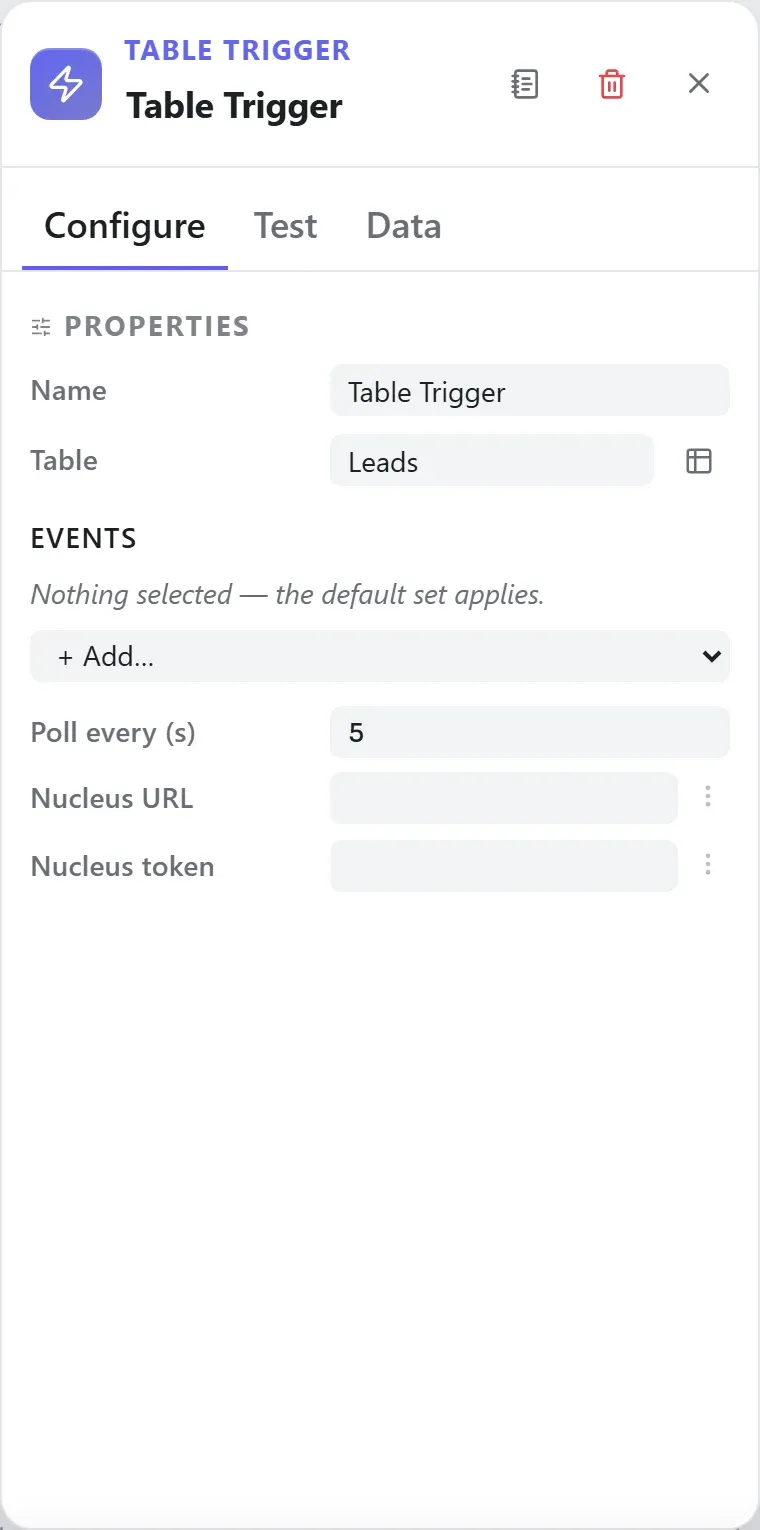 The Table Trigger node's settings in the Studio builder